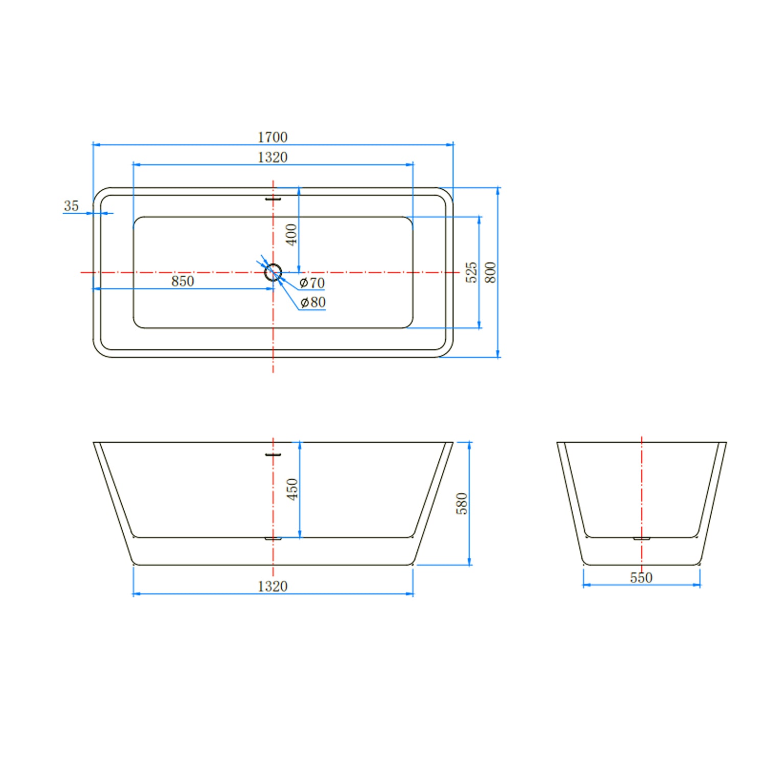 Vasca da Bagno a Isola 150x72x56/170x80x58 cm Vasca da Bagno Freestanding in Acrilico Bianco Rettangolare