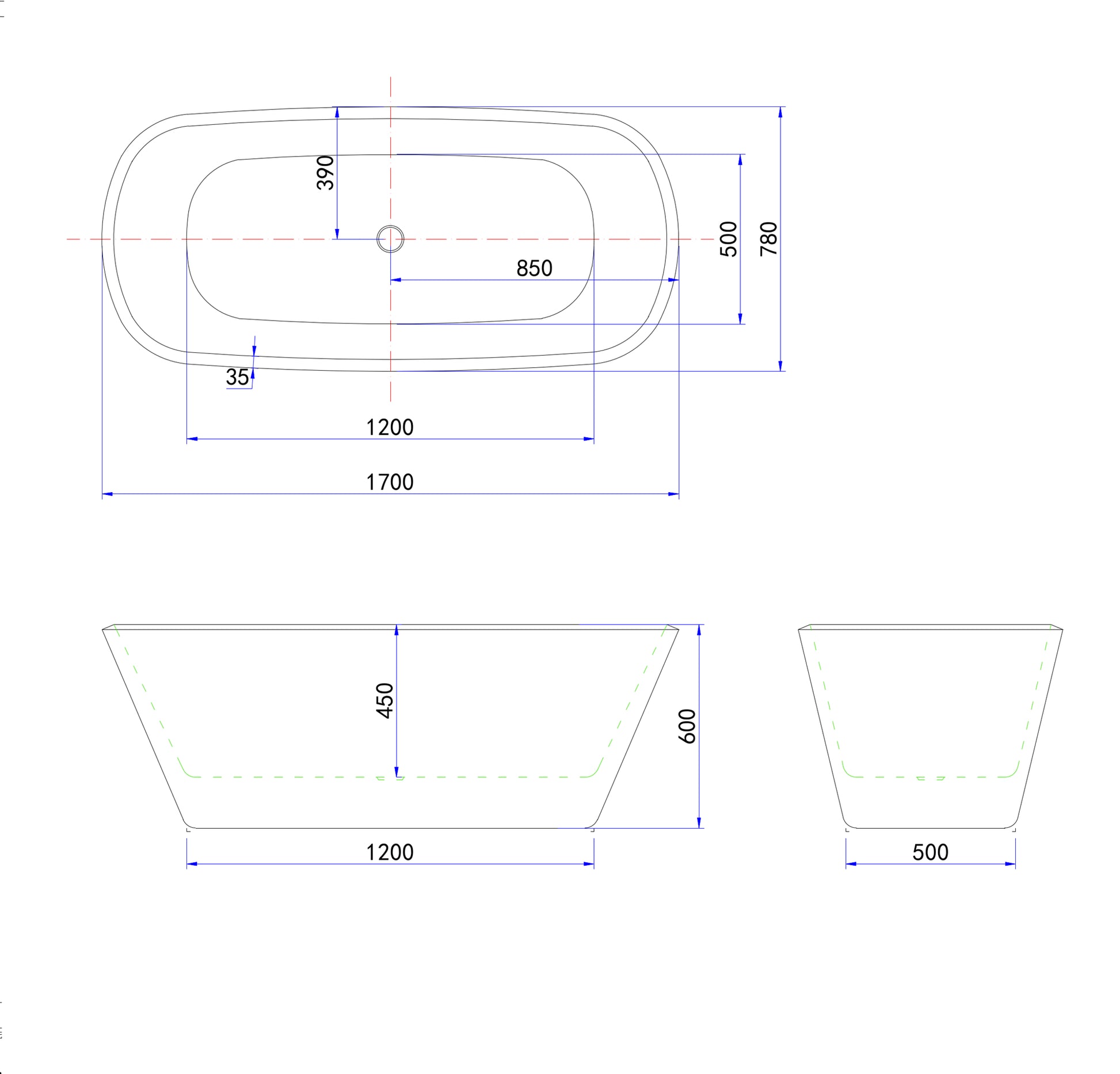 Vasca da Bagno a Isola Freestanding in Acrilico da 150x72x60 /170x78x60cm, Colore Nero, Forma Ovale