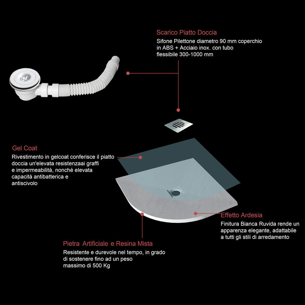 Piatto Doccia Semicircolare Bianco in Minerale e Mesina Mista Effetto Ardesia Ruvido Piletta e Tubo inclusi