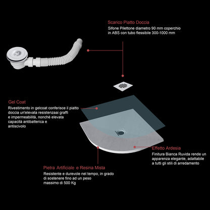 Piatto Doccia Bianco Semicircolare in Pietra Artificiale e Mesina Mista Effetto Ardesia Ruvido Piletta e Tubo inclusi