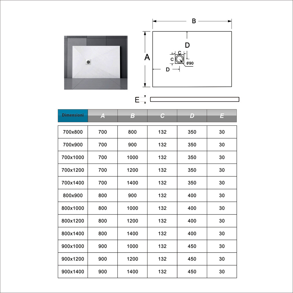 Piatto Doccia Bianco di Spessore da 3cm Ultrasottile in Marmo e Resina Effetto Ardesia Ruvido Piletta e Tubo inclusi