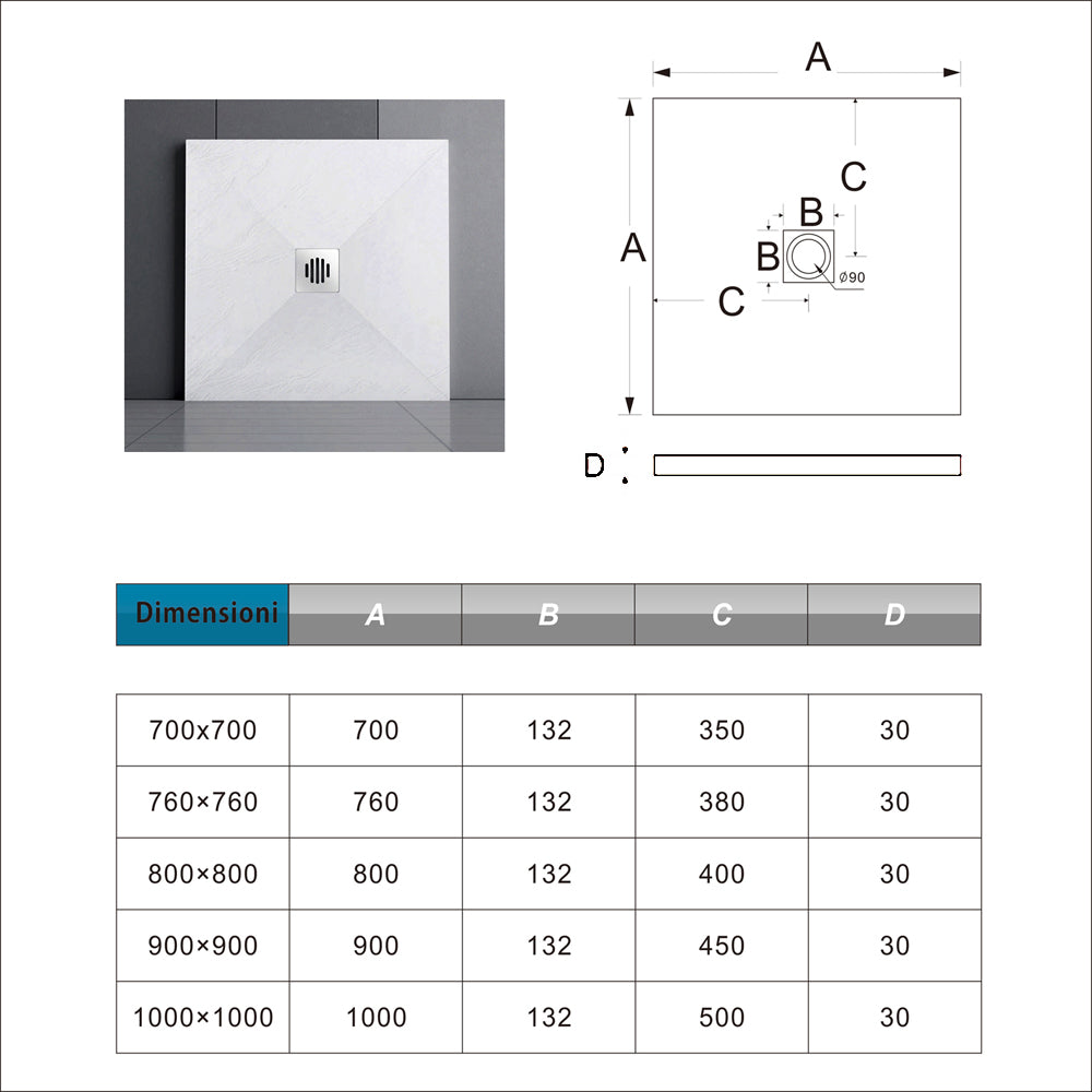Piatto Doccia Bianco di Spessore da 3cm Ultrasottile in Marmo e Resina Effetto Ardesia Ruvido Piletta e Tubo inclusi