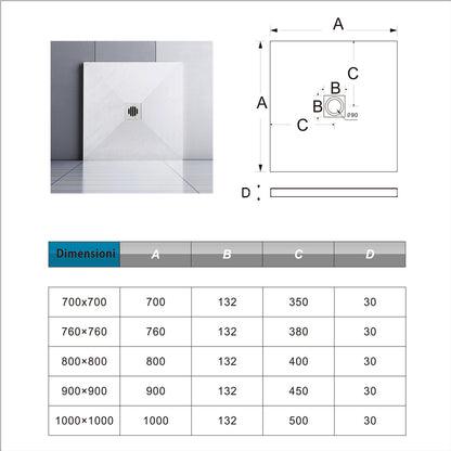 Piatto Doccia Bianco in Marmo Resina Mista Effetto Ardesia Ruvido Piletta e Tubo inclusi Spessore di 3cm Ultraslim