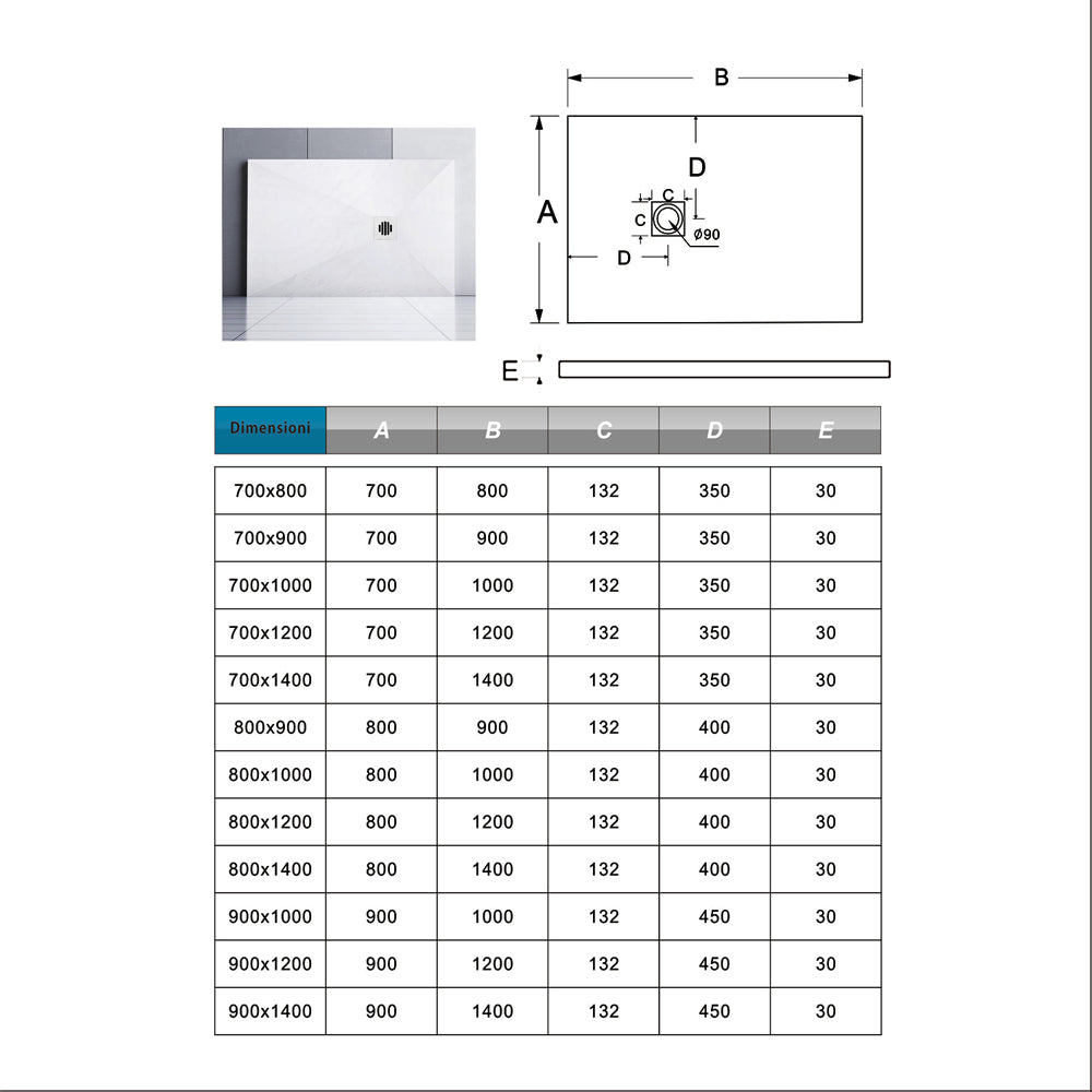 Piatto Doccia Bianco in Marmo Resina Mista Effetto Ardesia Ruvido Piletta e Tubo inclusi Spessore di 3cm Ultraslim