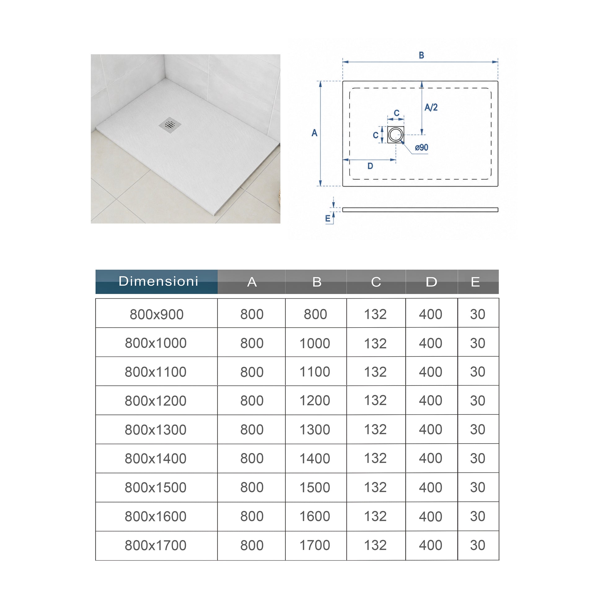 Piatto Doccia Bianco in Marmo Resina Mista Effetto Ardesia Ruvido Piletta e Tubo inclusi Spessore di 3cm Ultraslim (Copy)