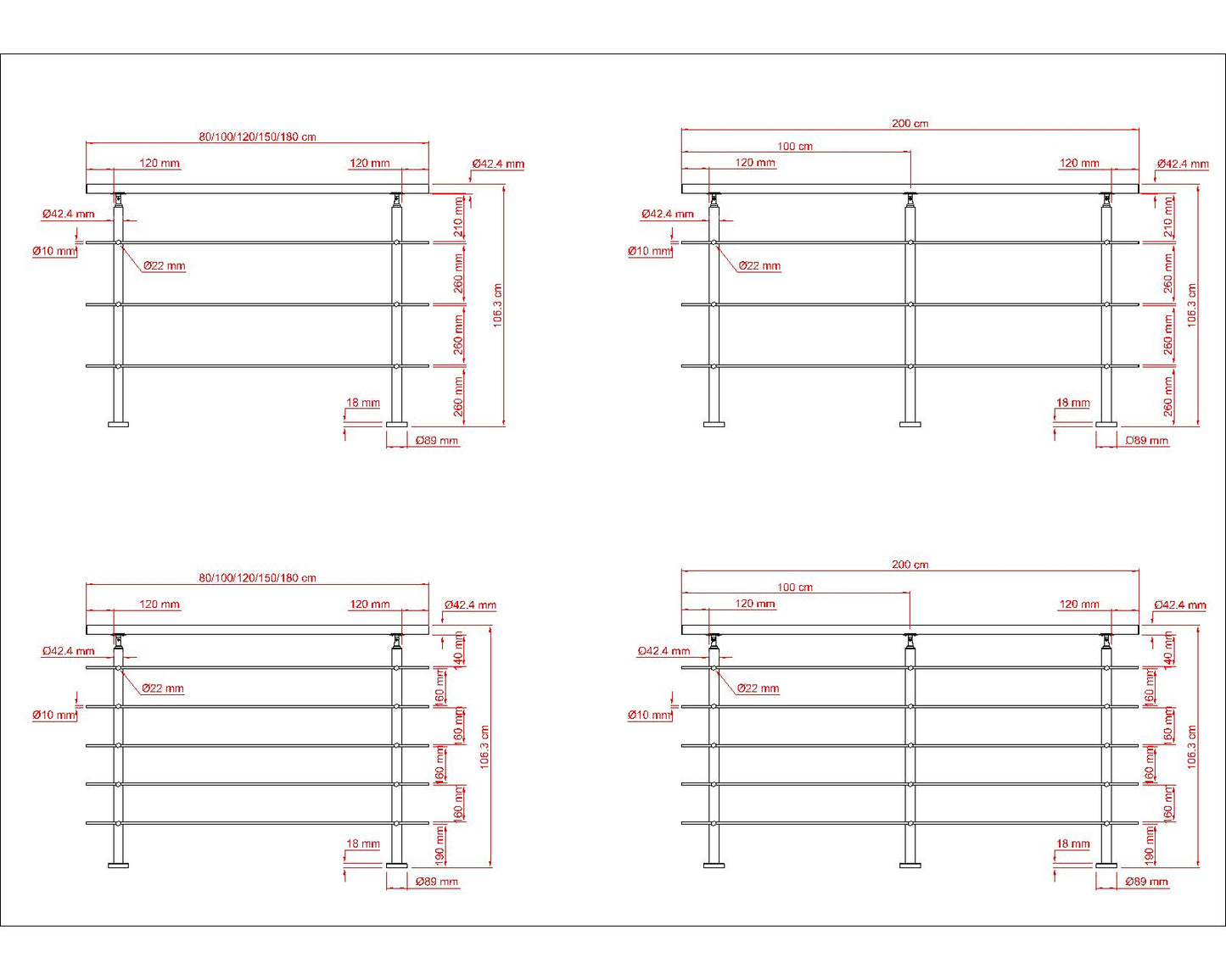 Balaustra Ringhiera Corrimano in acciaio inox 304 spazzolato 3 barre trasversali