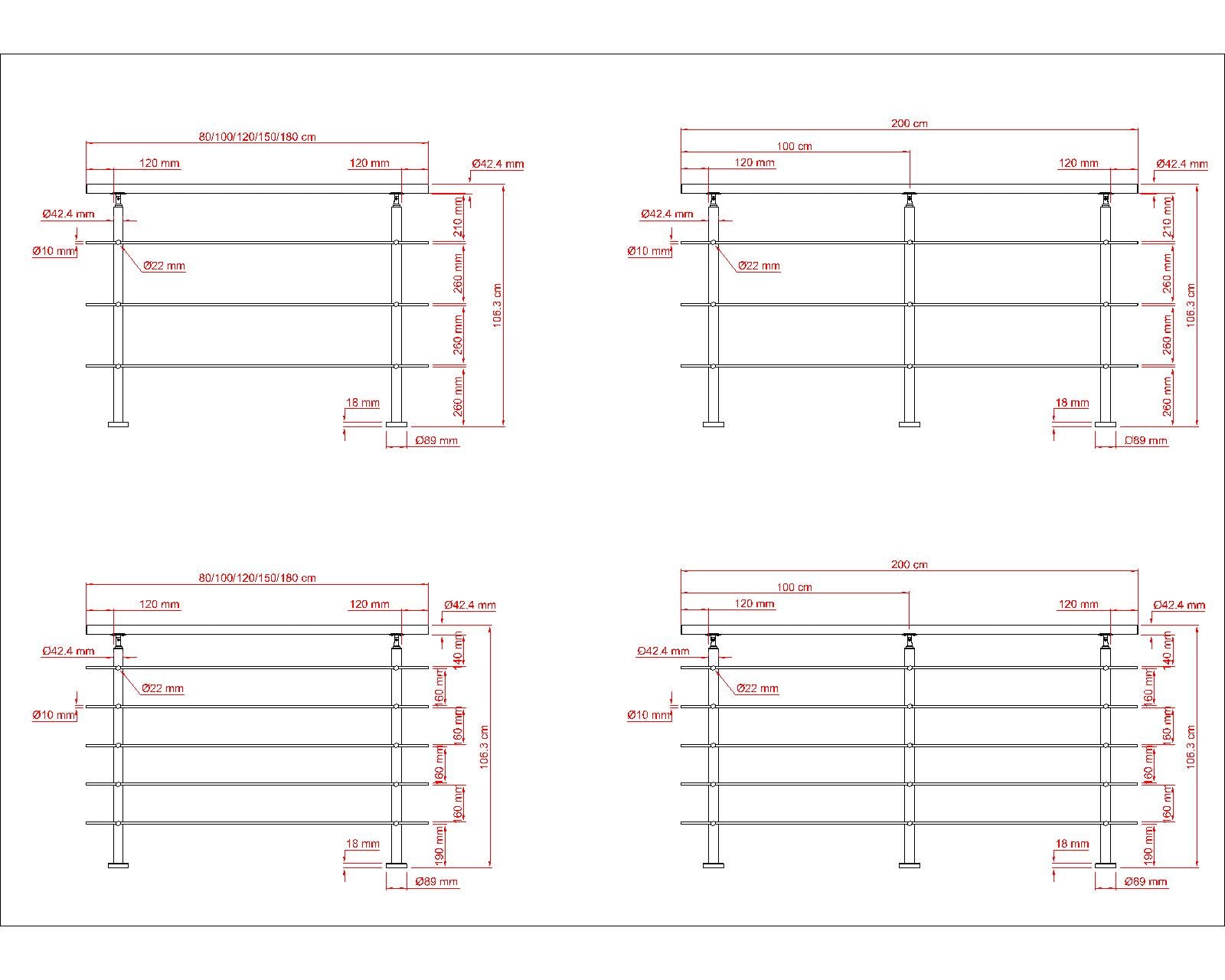 Balaustra Ringhiera Corrimano in acciaio inox 304 spazzolato 3 barre trasversali