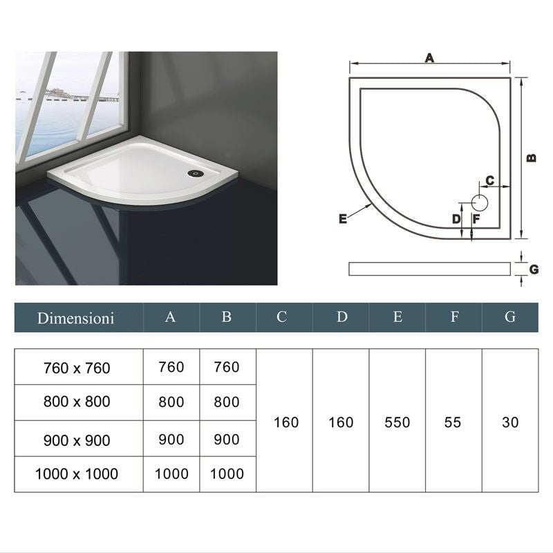 Piatto Doccia Semicircolare 80x80cm/90x90cm Bianco Spessore di 3 cm in Pietra Artificiale e Resina Minerale Mista Piletta Extra Piatta Sottile e Tubo inclusi