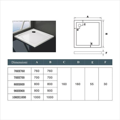 Aica Piatto Doccia Quadrato/Rettangolare Dimensioni Multiple In Marmo Minerale e Resina Mista Ultra Sottile Bianco Lucido Antiscivolo Antibatterico