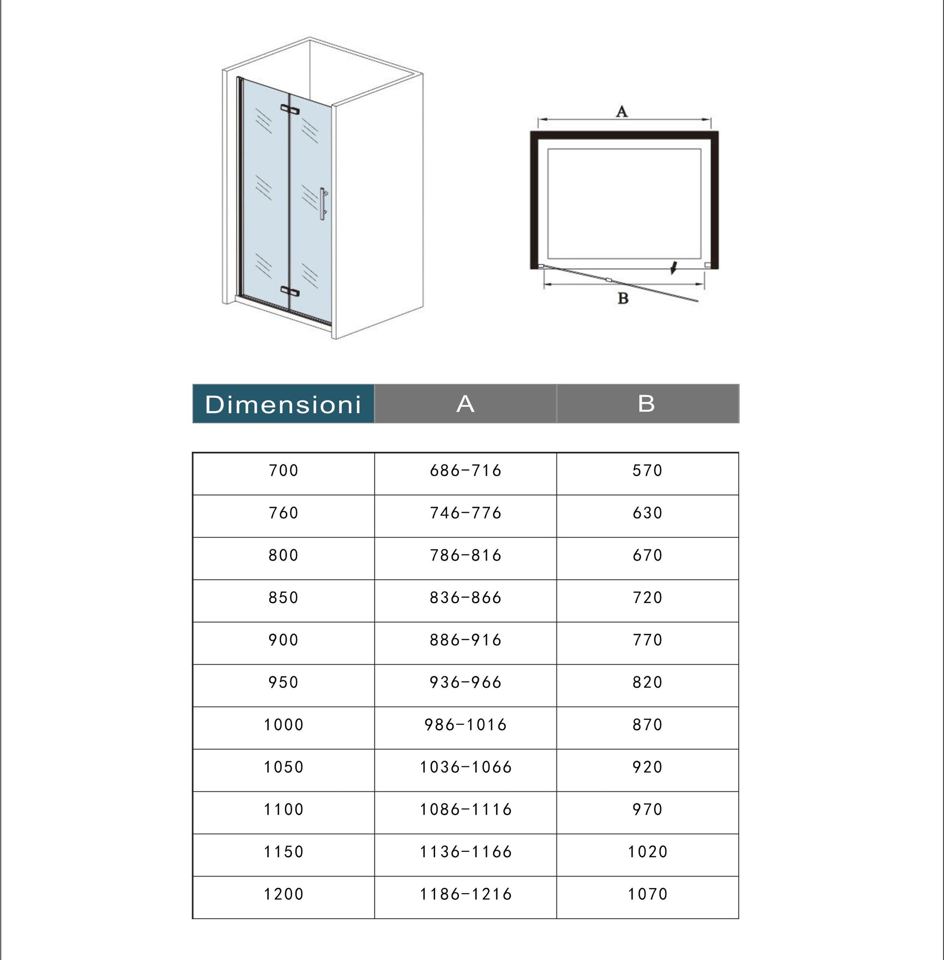 Aica 195 cm Porta Doccia Per Nicchia Battente e Pieghevole a Libro In Vetro Temperato Trasparente Anticalcare Da 6 mm