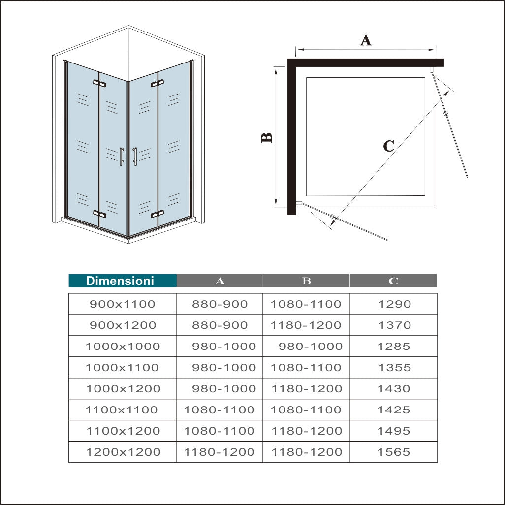 185cm Box Doccia Angolare Doppia Porta Battente Pieghevole Vetro Temperato Trasparente 6 mm Anticalcare Telaio Dorato Spazzolato