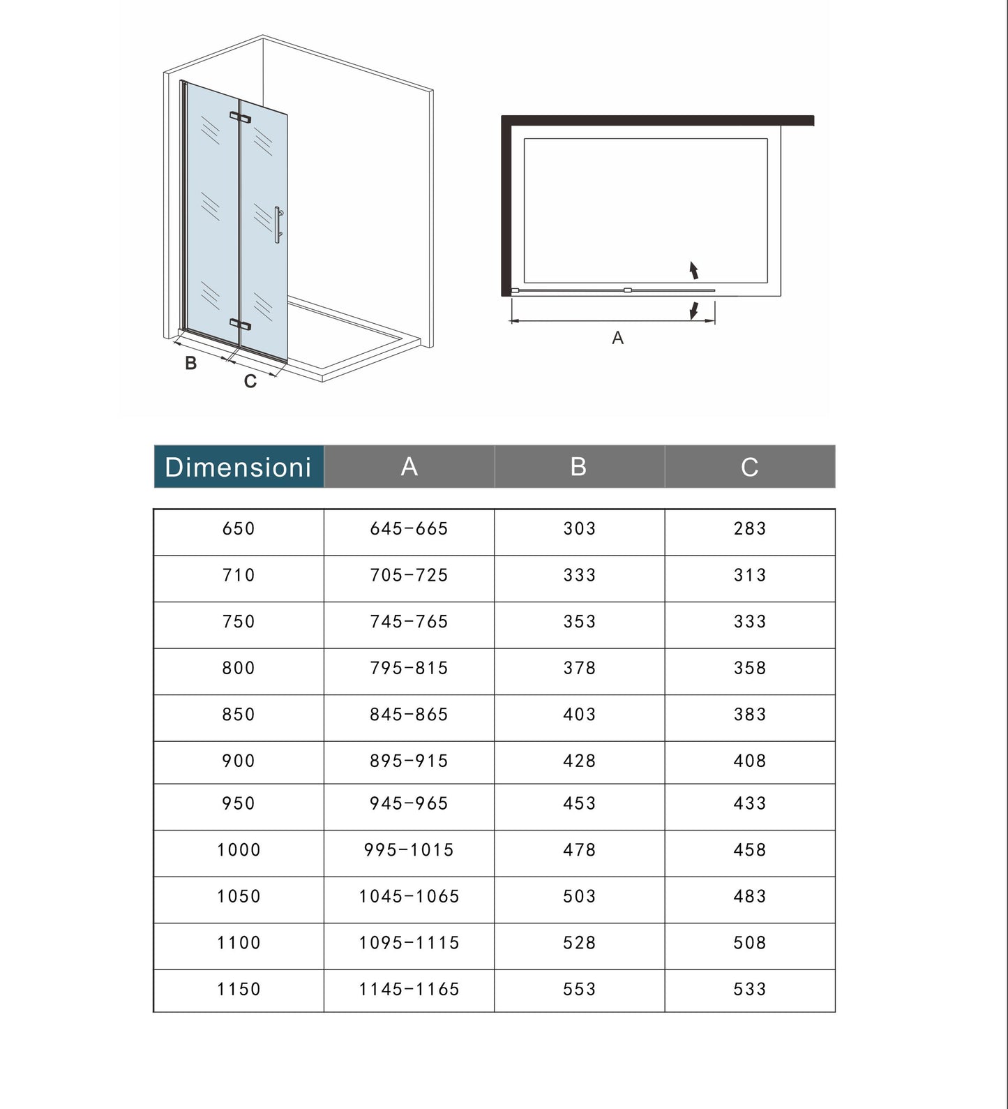 Aica Walk in Parete Doccia Movibile 2 Pannelli Pieghevoli a Libro in Vetro 6 mm Trasparente Temperato Anticalcare Telaio Cromato Lucido