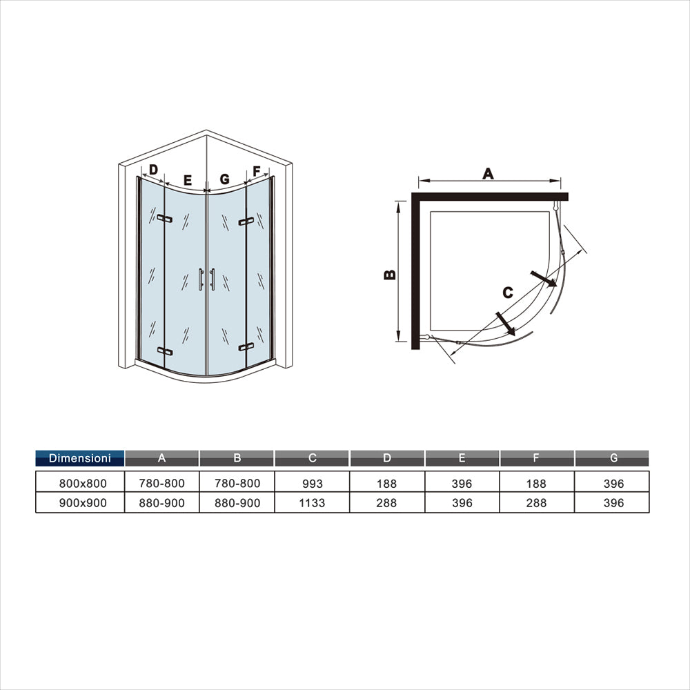 195 cm Box Doccia Semicircolare Porte Battenti e Ante Pieghevoli in Vetro Temperato 6mm Anticalcare Trasparente Profilo Cromo Lucido