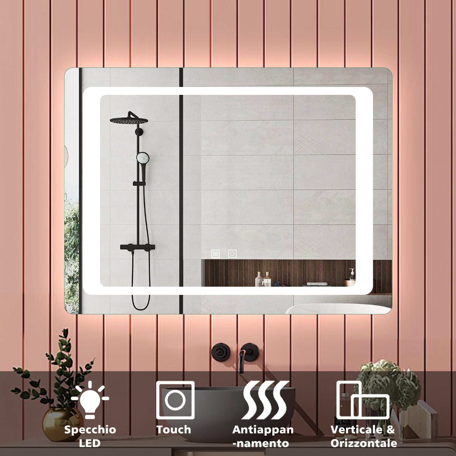 Aica 90×65cm Specchio da Bagno LED Quadrato, Anti Nebbia, Doppio Controllo Intelligente 80x60