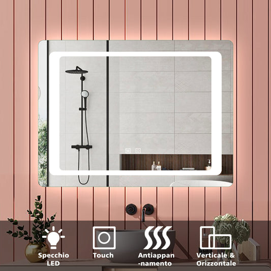 Aica 90×65cm Specchio da Bagno LED Quadrato, Anti Nebbia, Doppio Controllo Intelligente 80x60