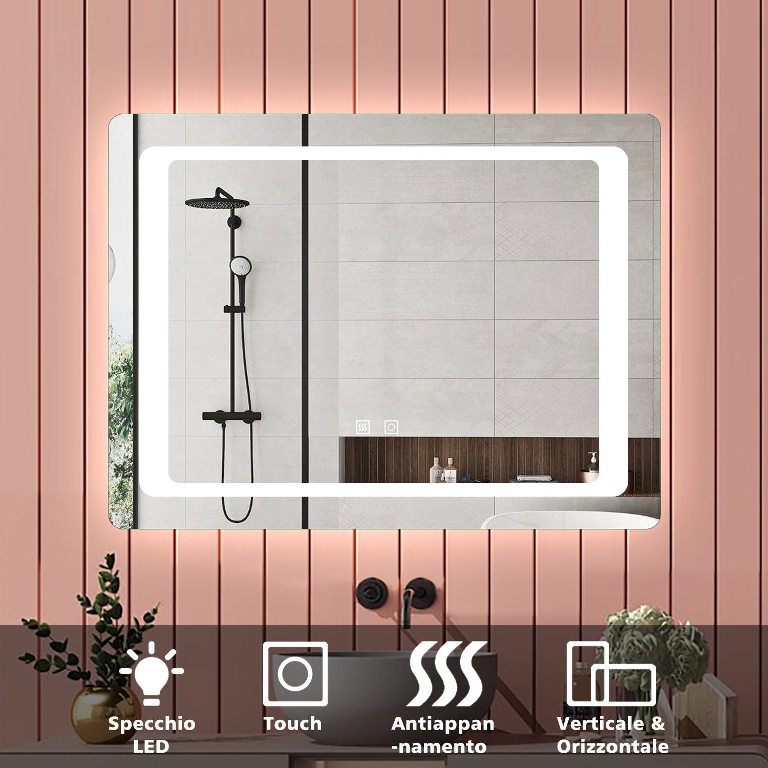 Aica 90×65cm Specchio da Bagno LED Quadrato, Anti Nebbia, Doppio Controllo Intelligente - Consegna gratuita