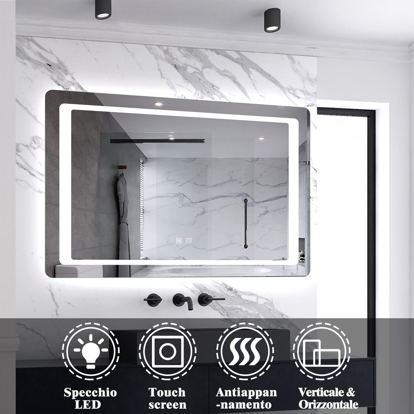 Aica Specchio Quadrato Da Bagno Specchio Cosmetico Con Illuminazione, Anti-appannamento, Luce Bianca Fredda 6000K, IP44 Resistente All'umidità, Vetro Senza Rame 80×60 cm Tipo1 Antiappannamento