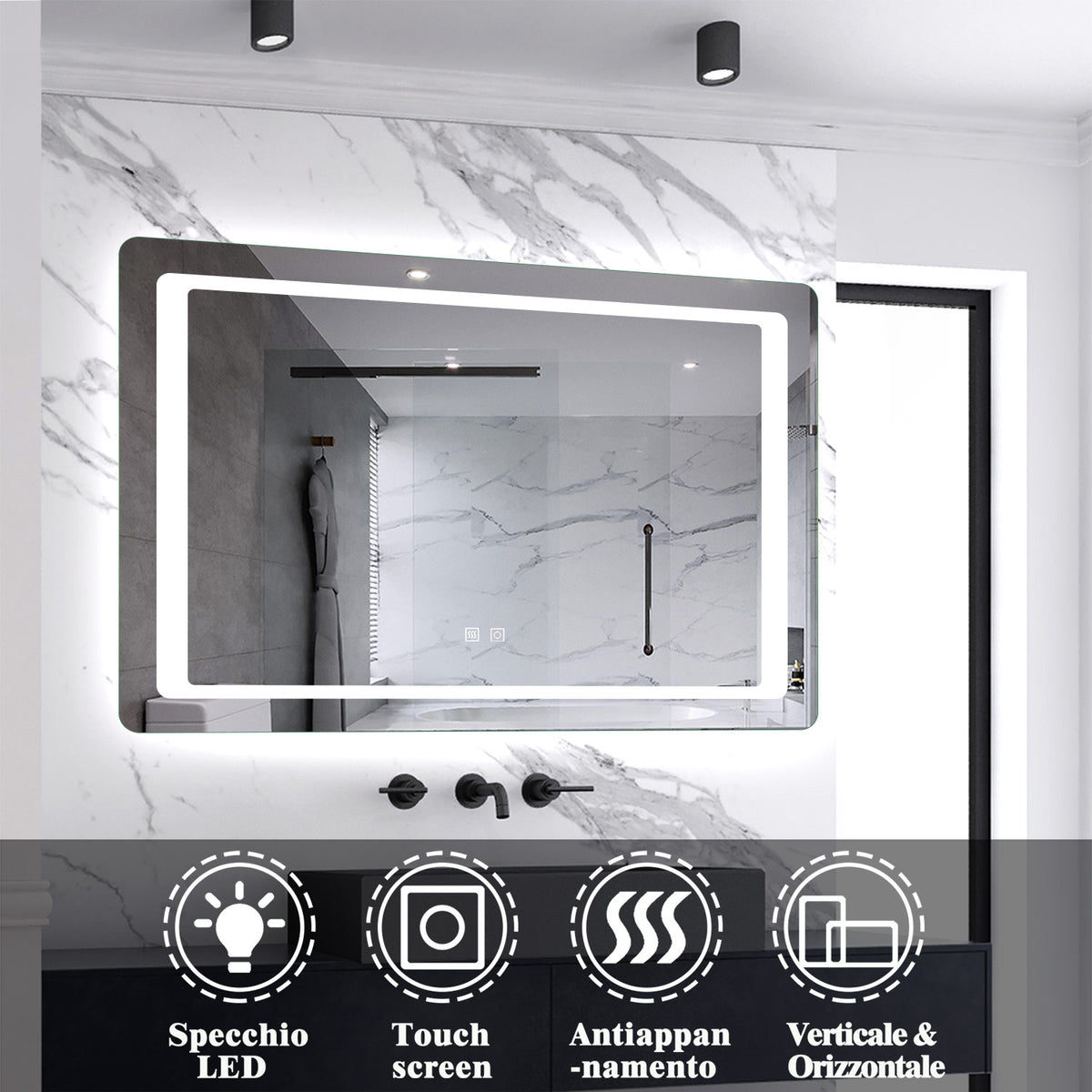 Aica Specchio Quadrato Da Bagno Specchio Cosmetico Con Illuminazione, Anti-appannamento, Luce Bianca Fredda 6000K, IP44 Resistente All'umidità, Vetro Senza Rame 80×60 cm Tipo1 Antiappannamento