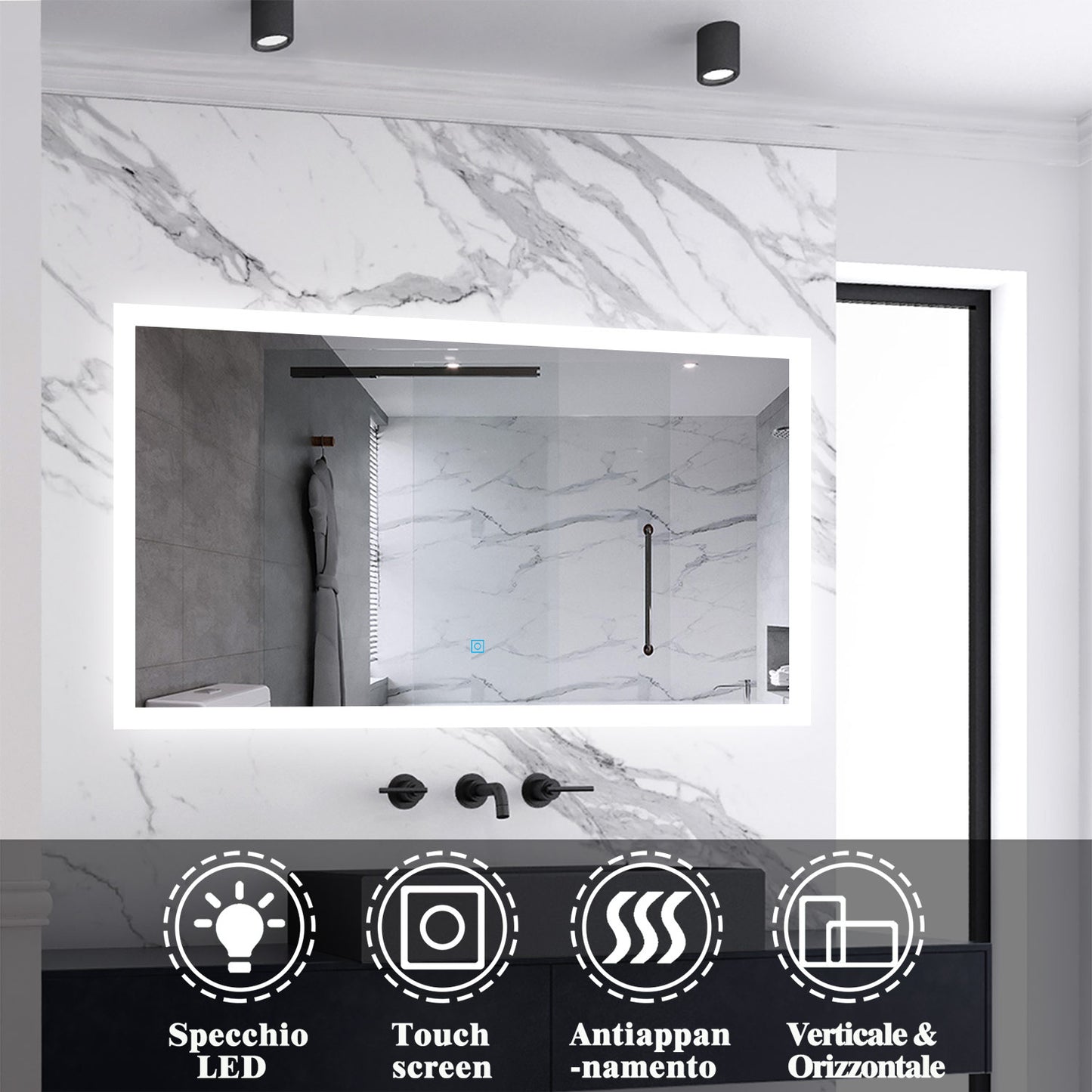 Aica Specchio Quadrato Da Bagno Specchio Cosmetico Con Illuminazione, Anti-appannamento, Luce Bianca Fredda 6000K, IP44 Resistente All'umidità, Vetro Senza Rame 100×60 cm Tipo5 Antiappannamento