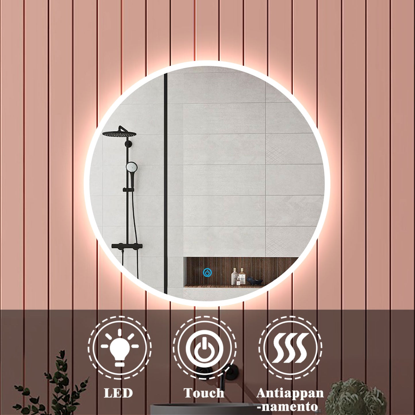 Aica 90/100/120cm Interruttore Tocco, Antiappannamento, Specchio Tondo, IP44, Retroilluminato