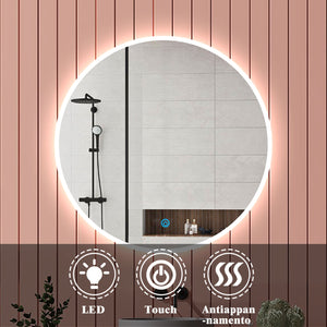 Aica Specchio da bagno rotondo da parete con LED , Anti-appannamento, Luce Bianca Fredda 6000K, Tocco Intelligente, Retroilluminato