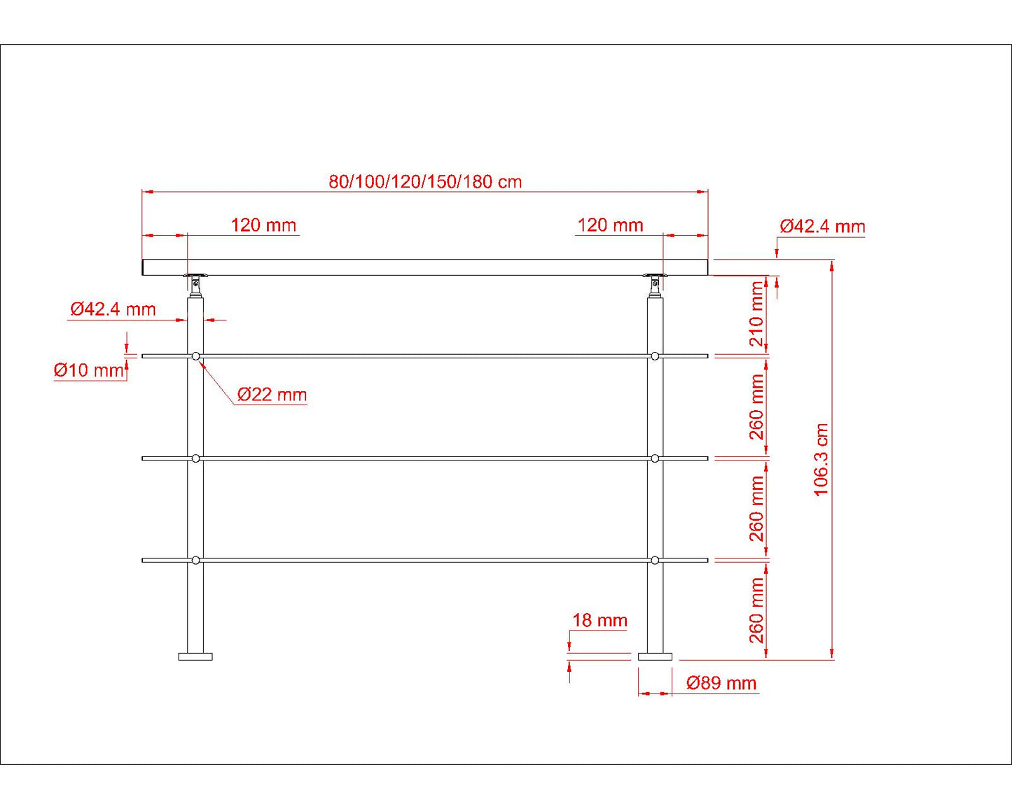 Balaustra Ringhiera Corrimano in acciaio inox 304 spazzolato 3 barre trasversali