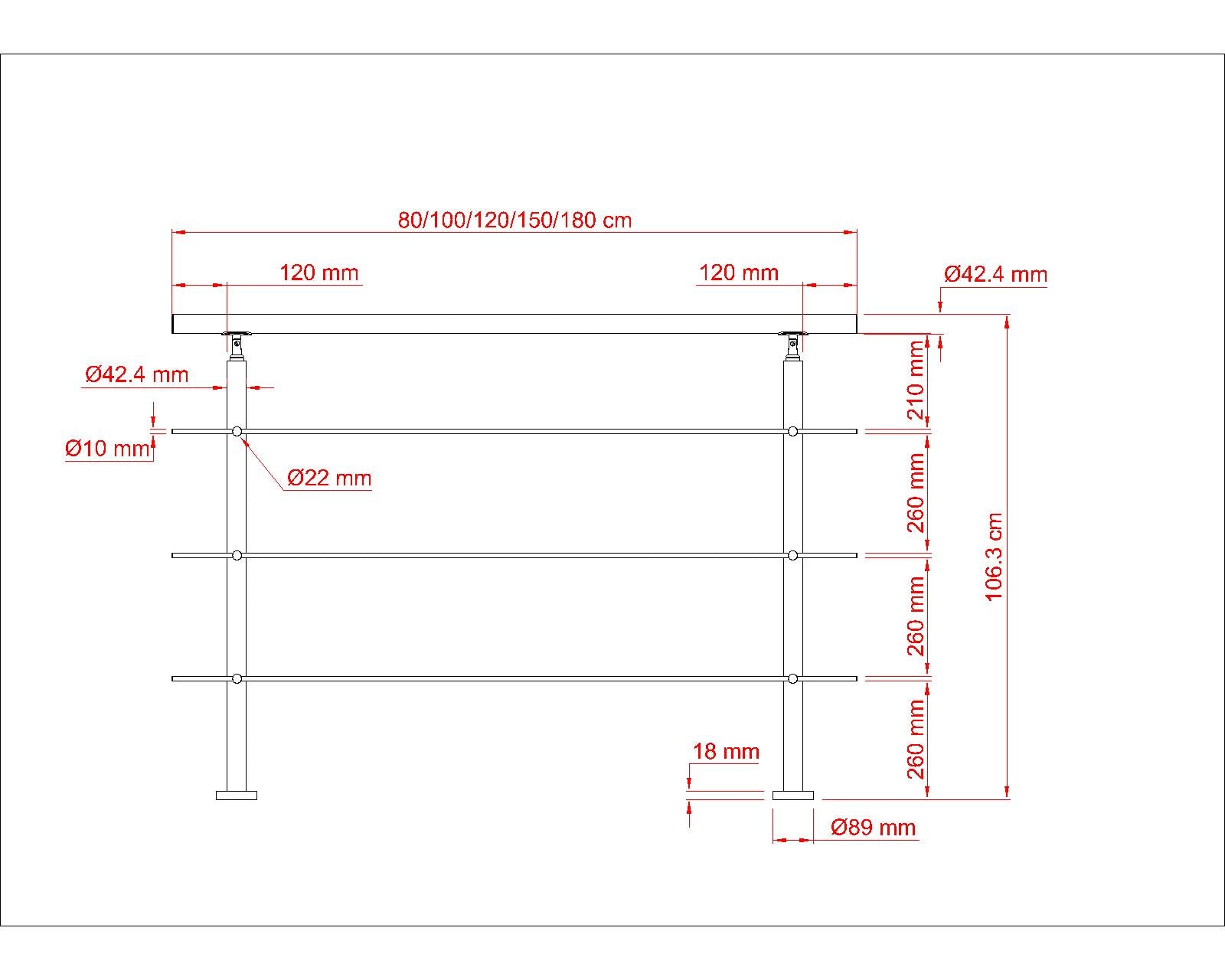 Balaustra Ringhiera Corrimano in acciaio inox 304 spazzolato 3 barre trasversali