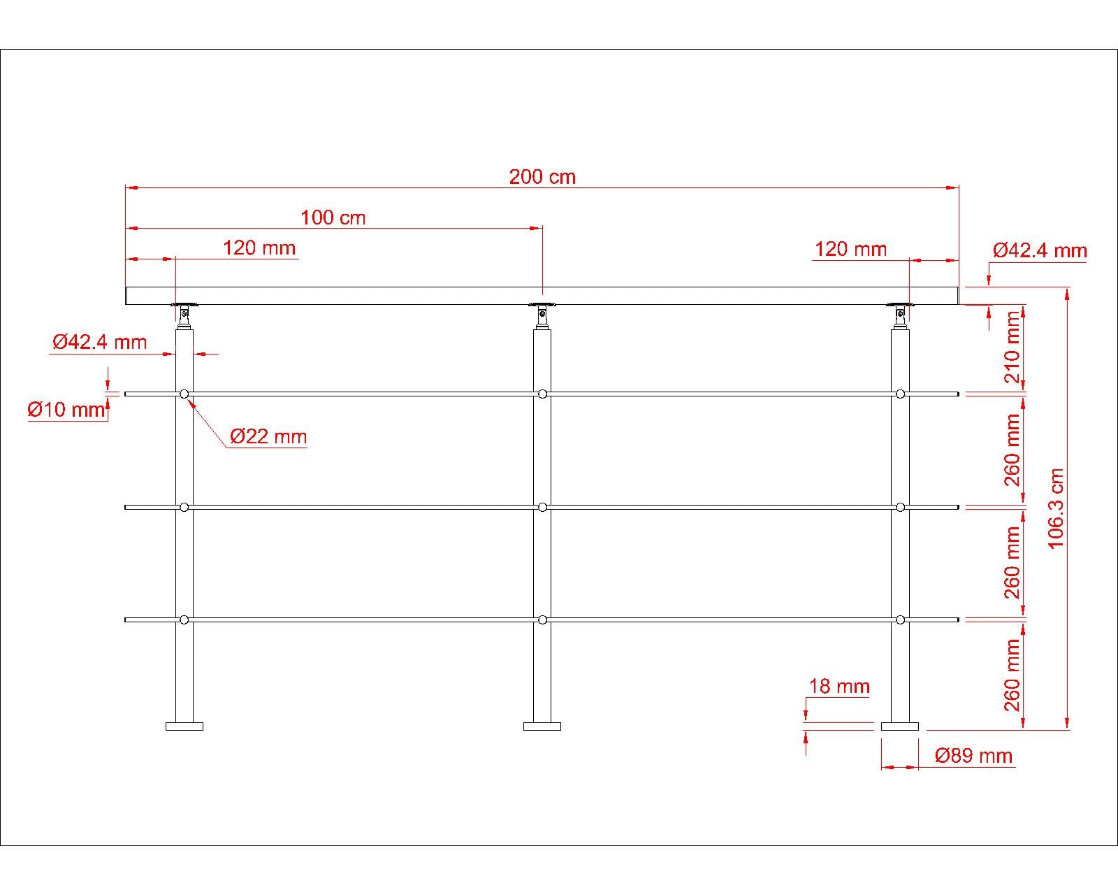 Balaustra Ringhiera Corrimano in acciaio inox 304 spazzolato 3 barre trasversali