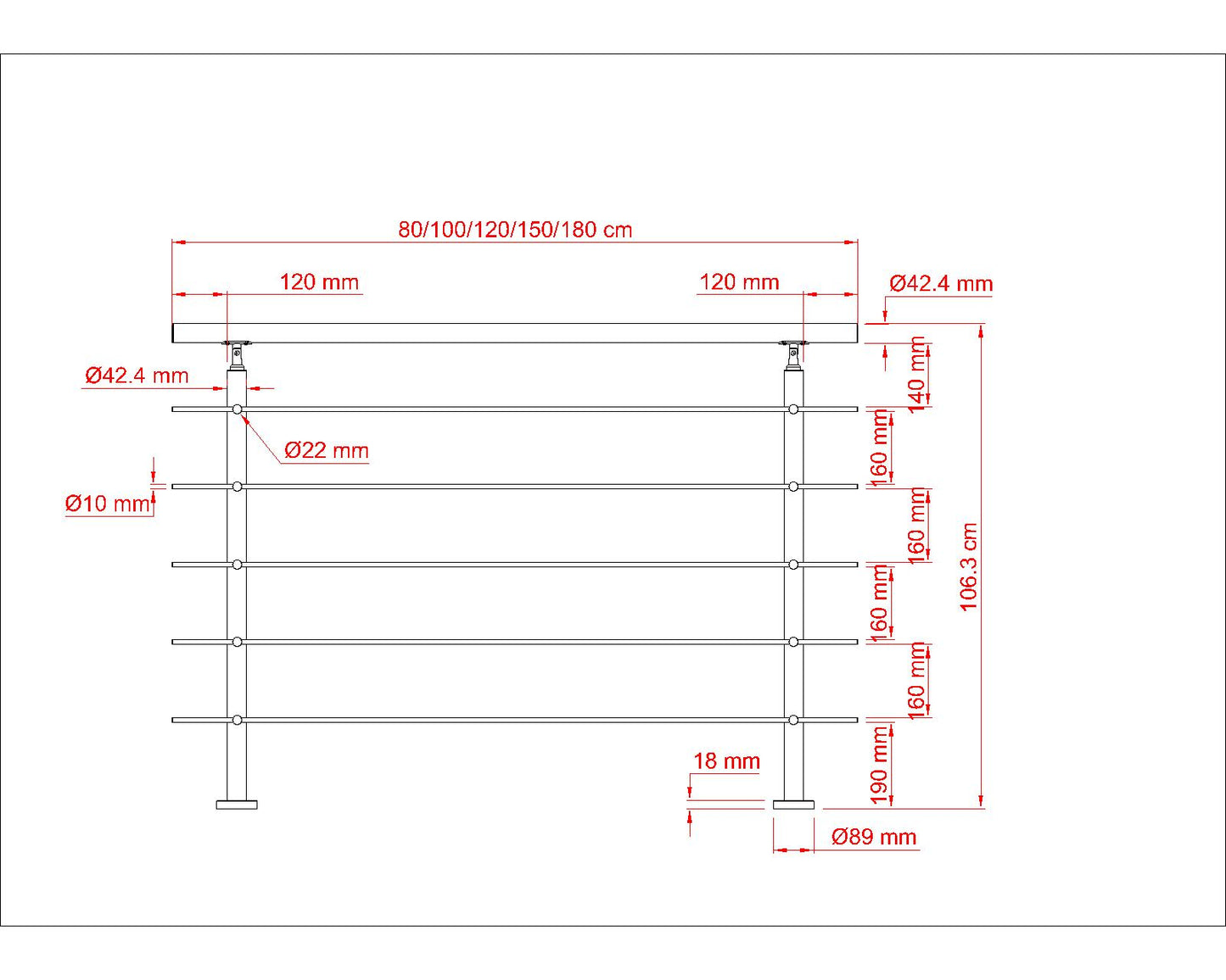 Balaustra Ringhiera Corrimano in acciaio inox 304 spazzolato 5 barre trasversali