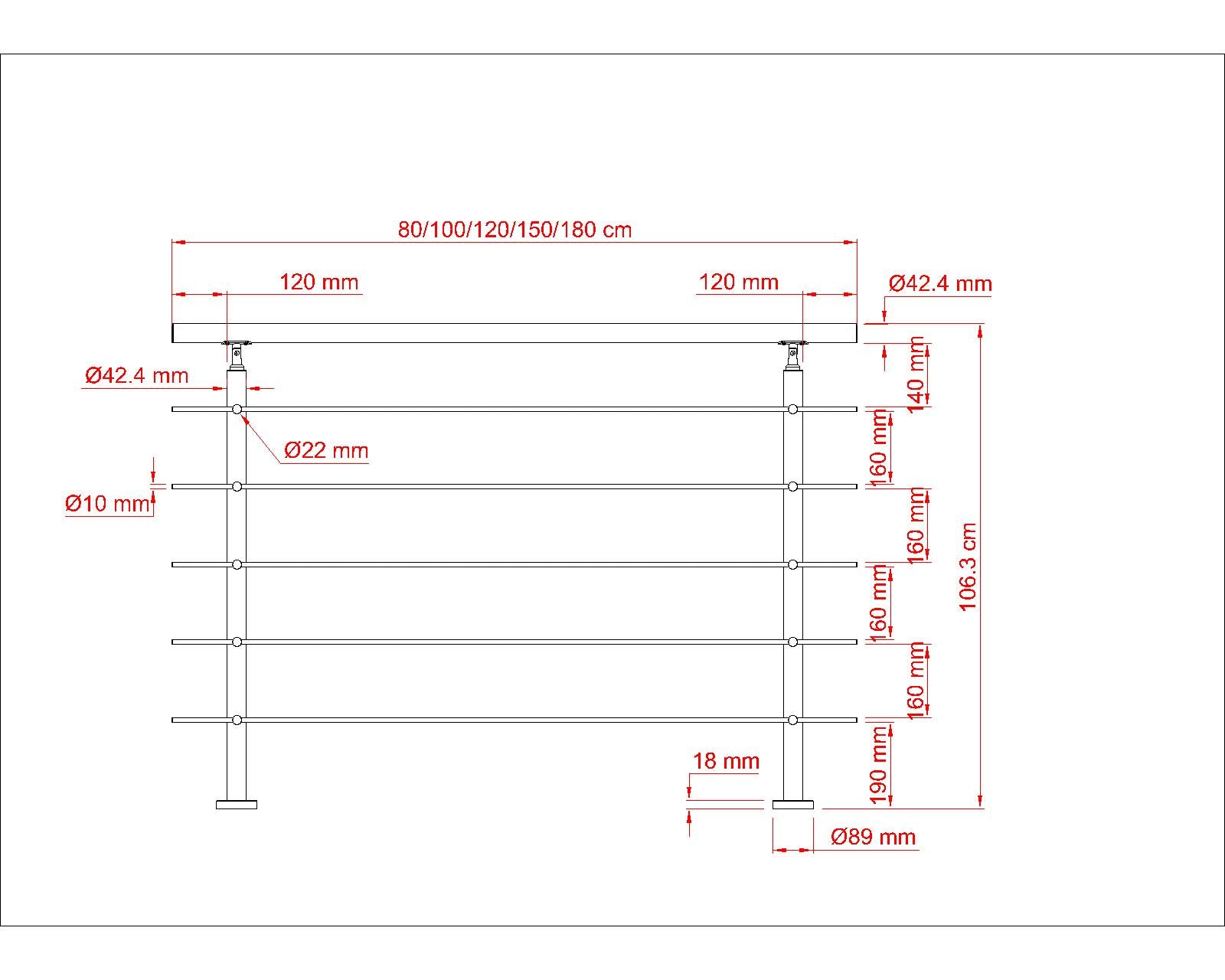 Balaustra Ringhiera Corrimano in acciaio inox 304 spazzolato 5 barre trasversali