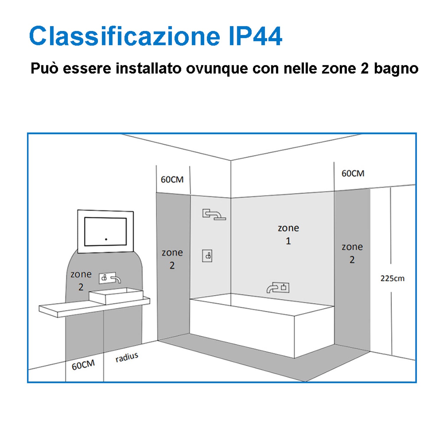Aica Specchio quadrato cm 100×60 da parete con Led, Anti-appannamento, Luce Bianca 6000K, IP44
