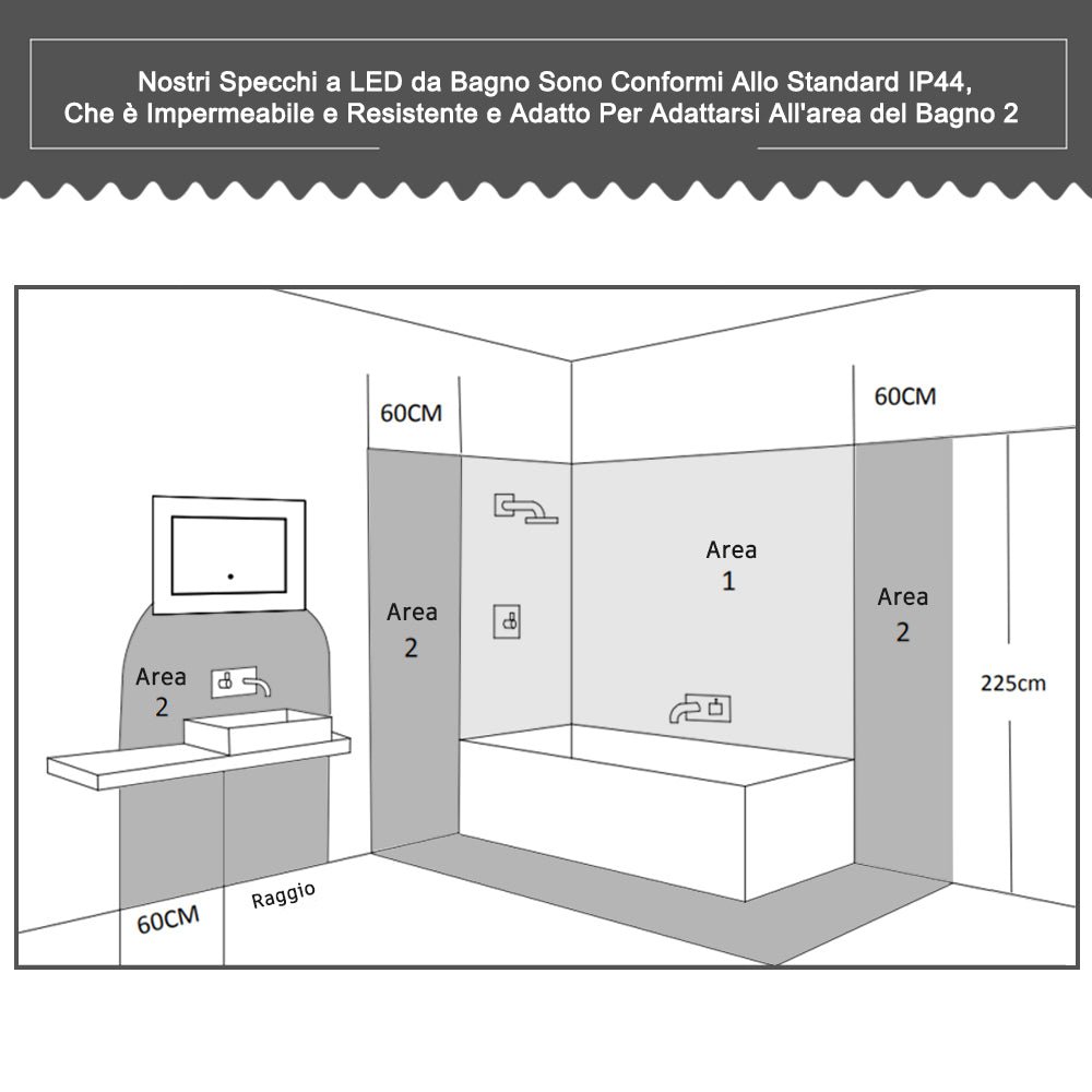 Aica60 × 45 cm LED Quadrato Specchio da Bagno Anti-appannamento Interruttore Touch Control