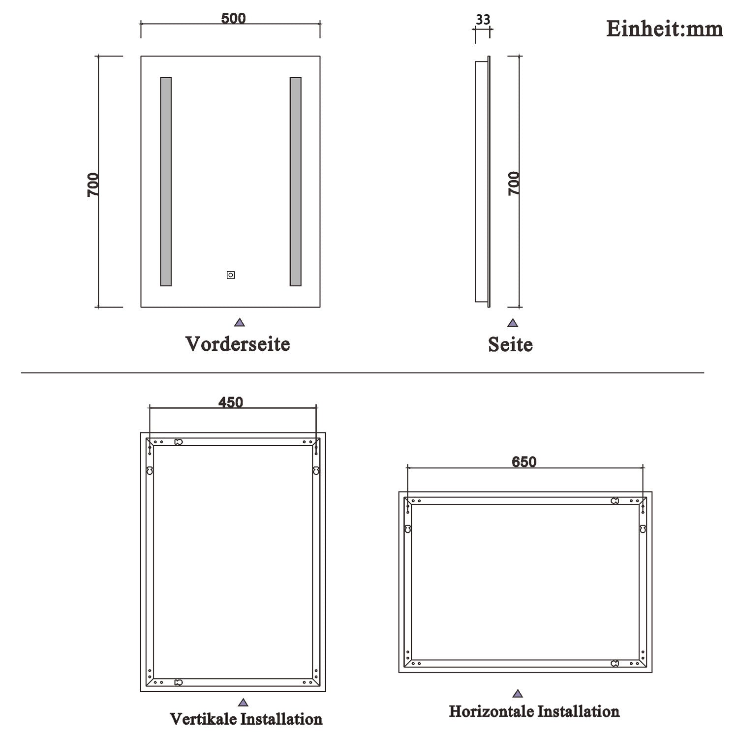 Aica Specchio per Trucco Quadrato 50X70cm con LED, Anti-appannamento, Montaggio a Parete Luce Bianca 6000K, con Pulsante Smart Touch