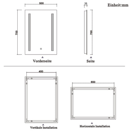 Aica Specchio per Trucco Quadrato 50X70cm con LED, Anti-appannamento, Montaggio a Parete Luce Bianca 6000K, con Pulsante Smart Touch
