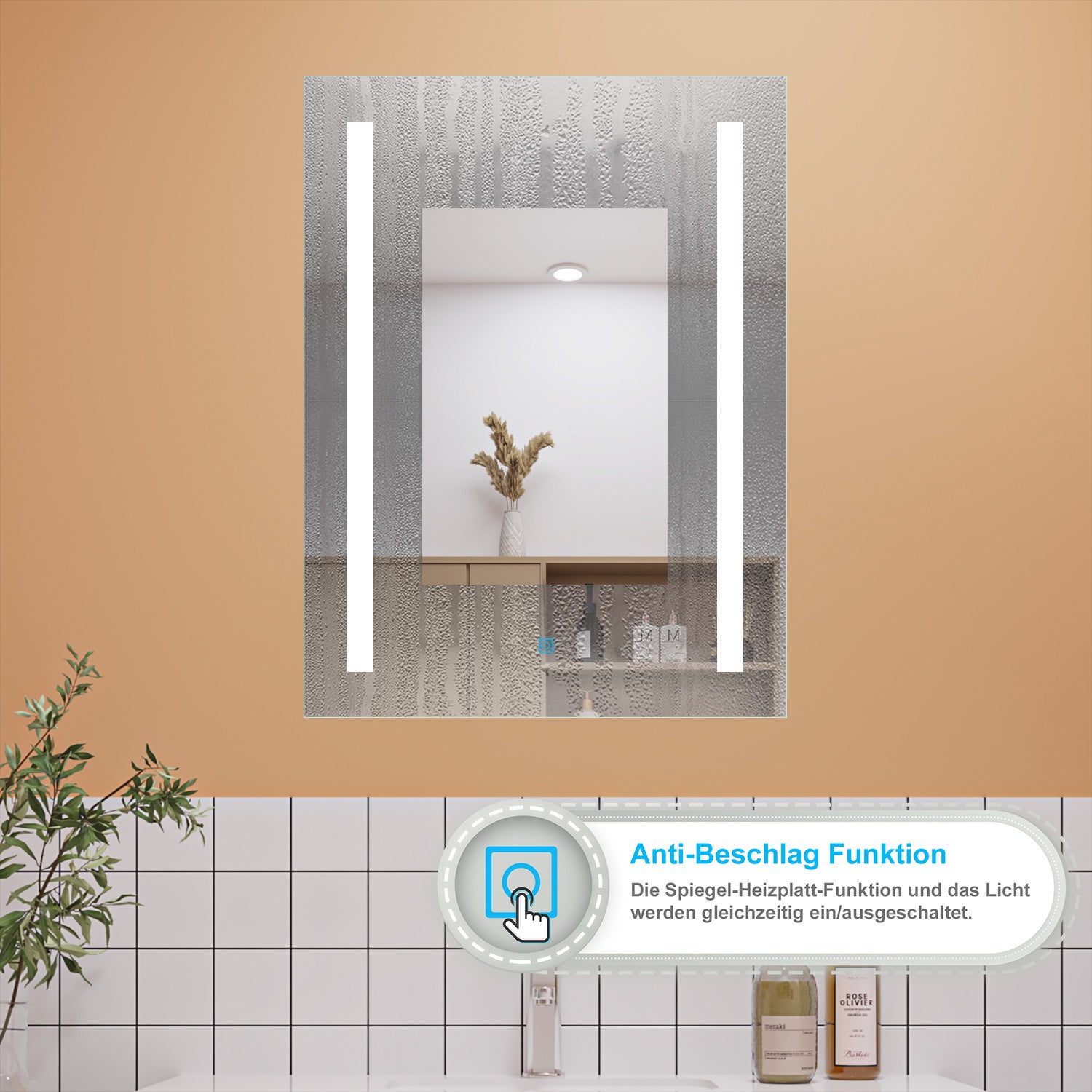 Aica Specchio per Trucco Quadrato 50X70cm con LED, Anti-appannamento, Montaggio a Parete Luce Bianca 6000K, con Pulsante Smart Touch