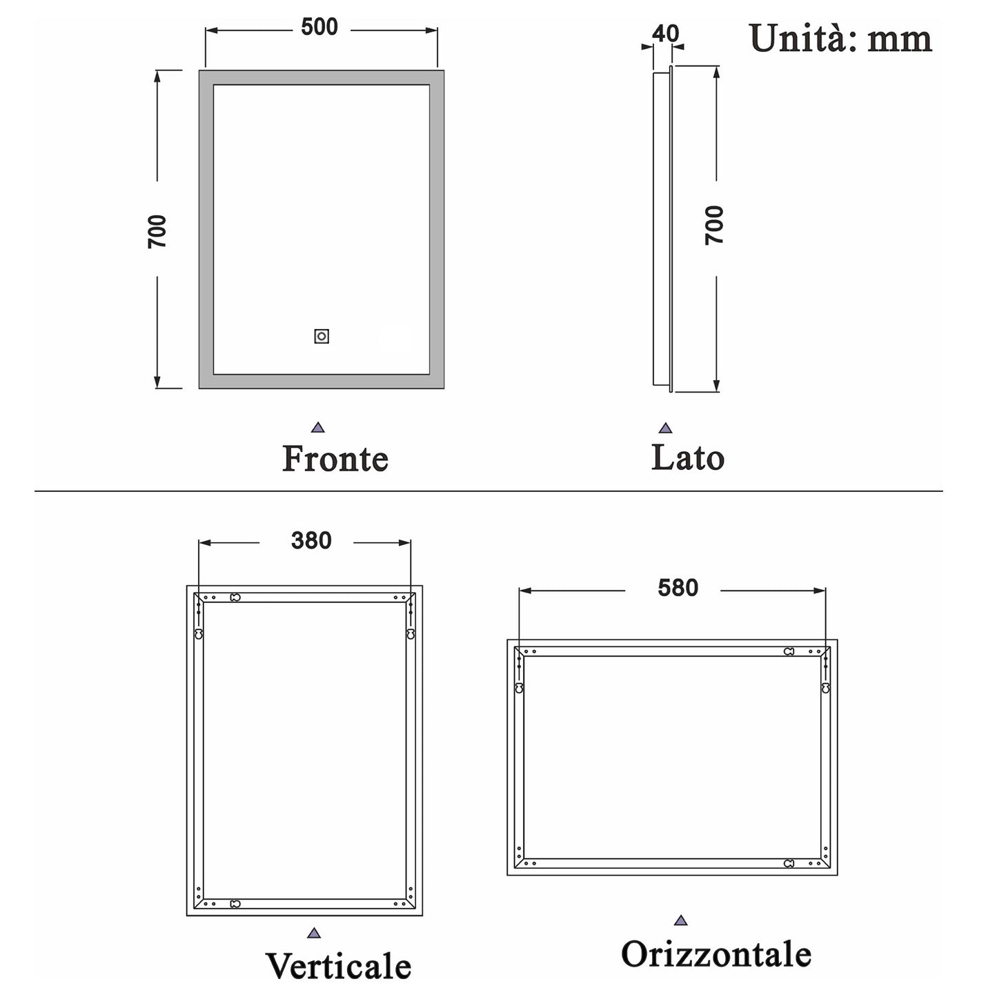 Specchio da Bagno Quadrato 50X70 cm a LED, Specchio da Trucco, Luce Bianca Morbida 6000K, Interruttore Tattile