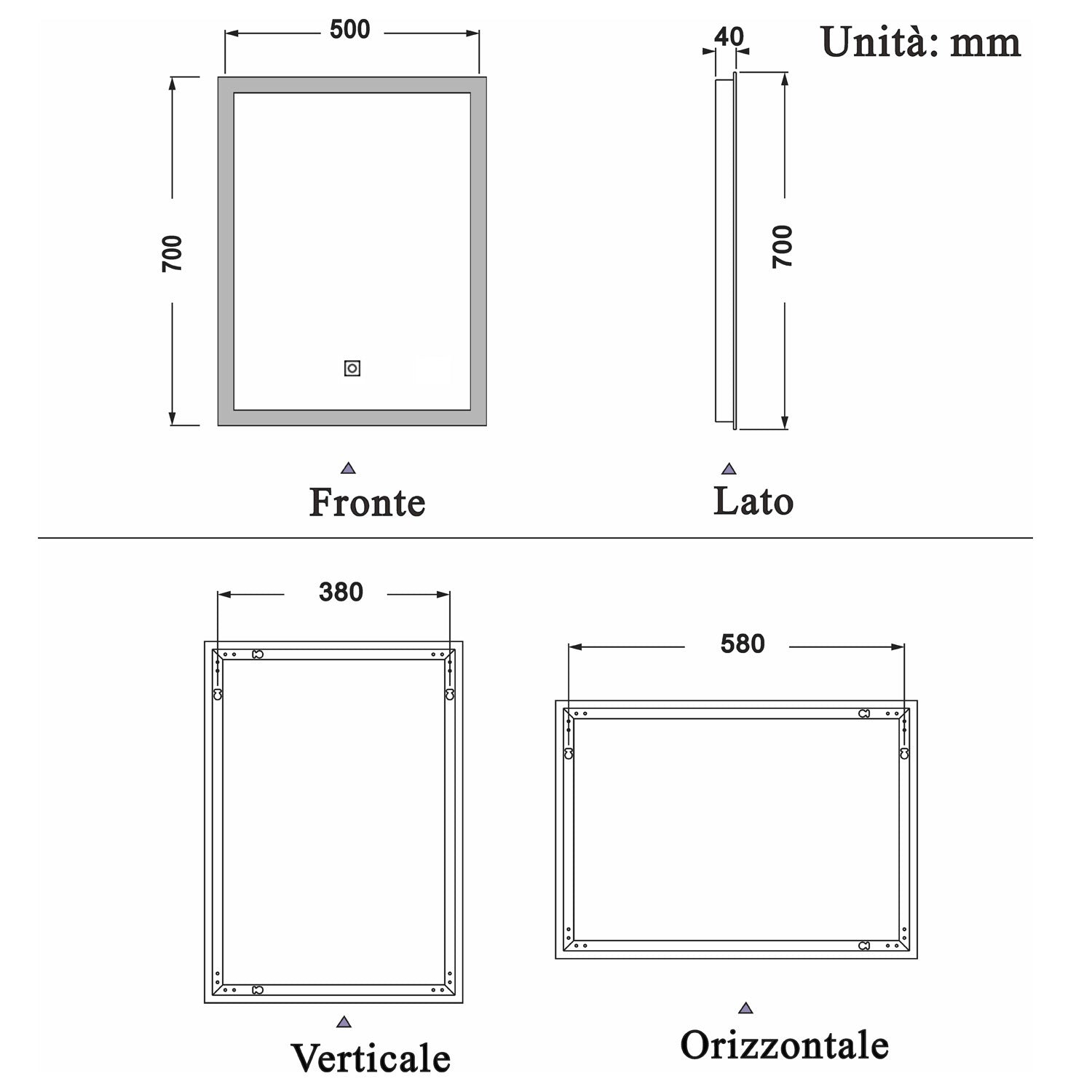 Specchio da Bagno Quadrato 50X70 cm a LED, Specchio da Trucco, Luce Bianca Morbida 6000K, Interruttore Tattile
