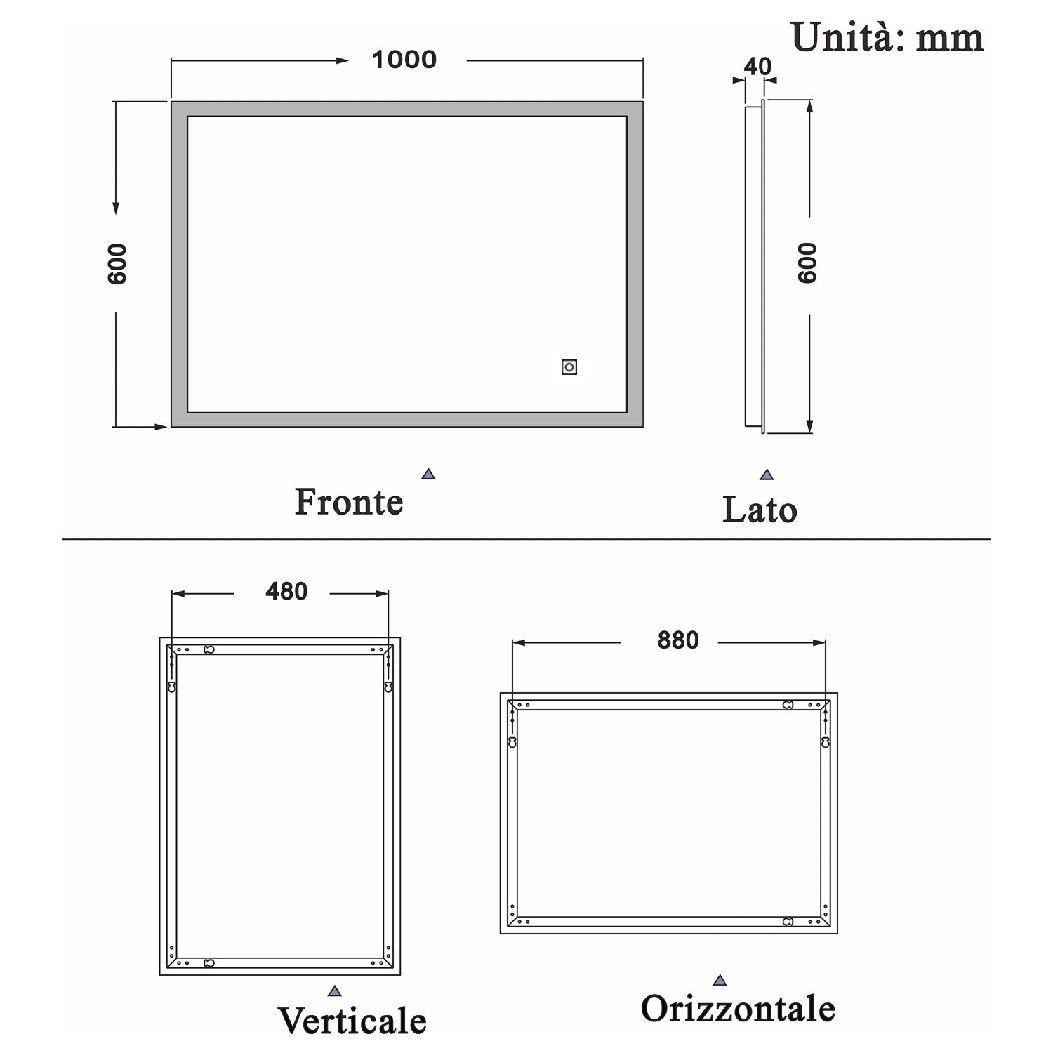 Aica Specchio quadrato cm 100×60 da parete con Led, Anti-appannamento, Luce Bianca 6000K, IP44