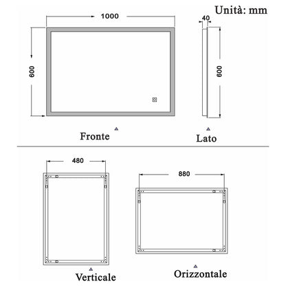 Aica Specchio quadrato cm 100??60 da parete con Led, Anti-appannamento, Luce Bianca 6000K, IP44