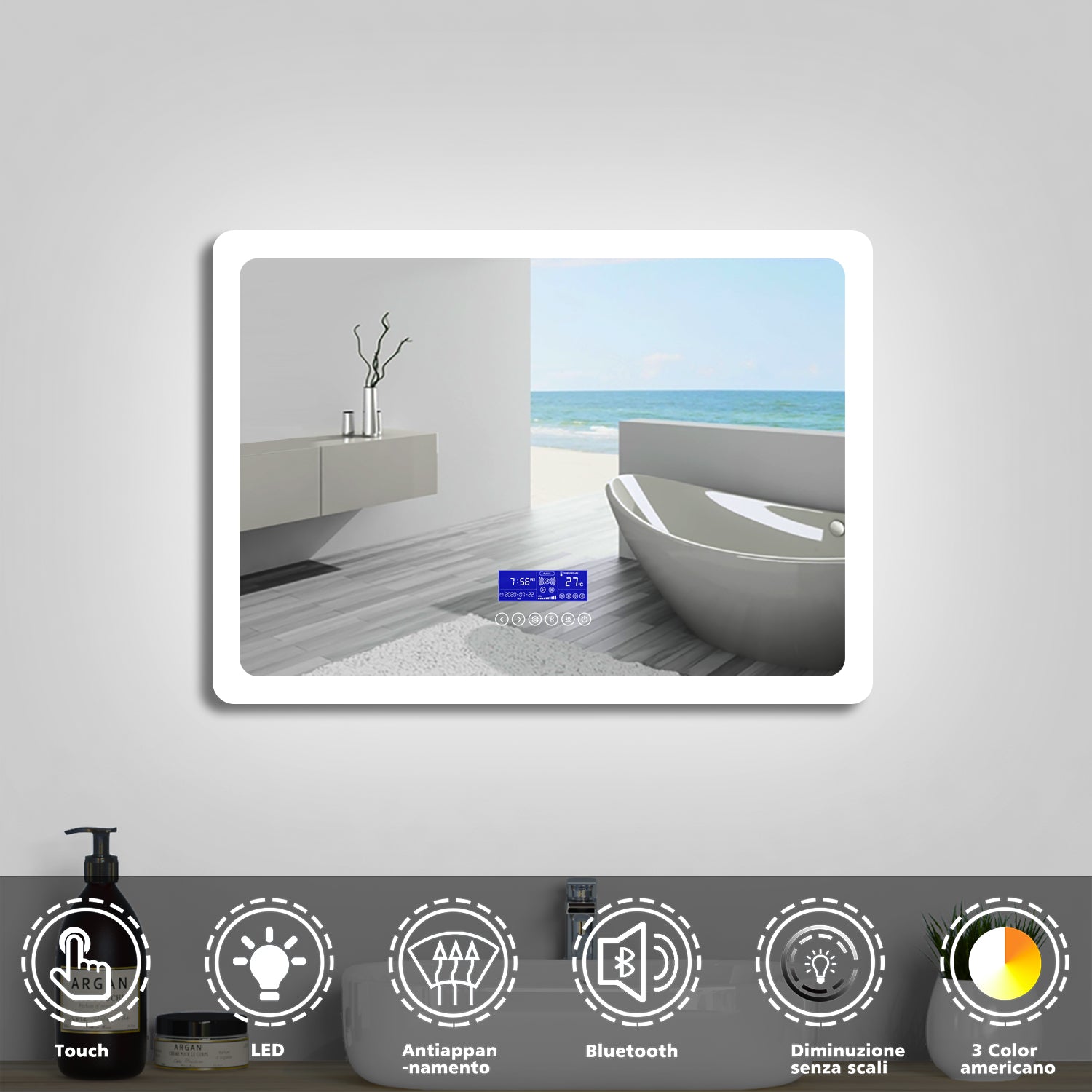 Aica Specchio Quadrato Da Bagno Specchio Cosmetico Con Illuminazione, Anti-appannamento, Luce Bianca Fredda 6000K, IP44 Resistente All'umidità, Vetro Senza Rame 70×50 cm Tipo4 Bluetooth+Dimmerabile+Funzione Memoria