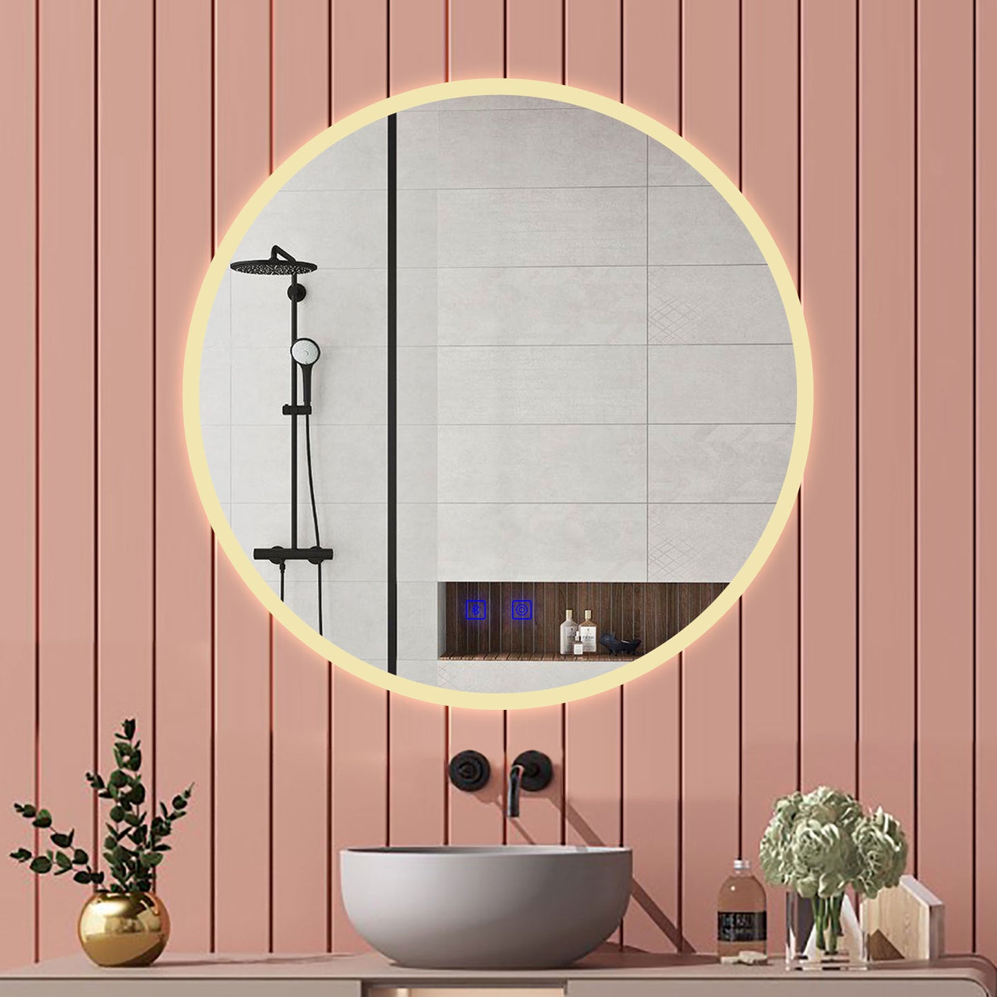 Aica Specchio Bagno Rotondo 70/80cm con LED, Tocco Intelligente, Anti-appannamento, Dimmerabile 3 Colori 3000K-6000K, Altoparlante Bluetooth, IP44 Impermeabile e Antiumidità, Certificazione CE, Retroilluminato