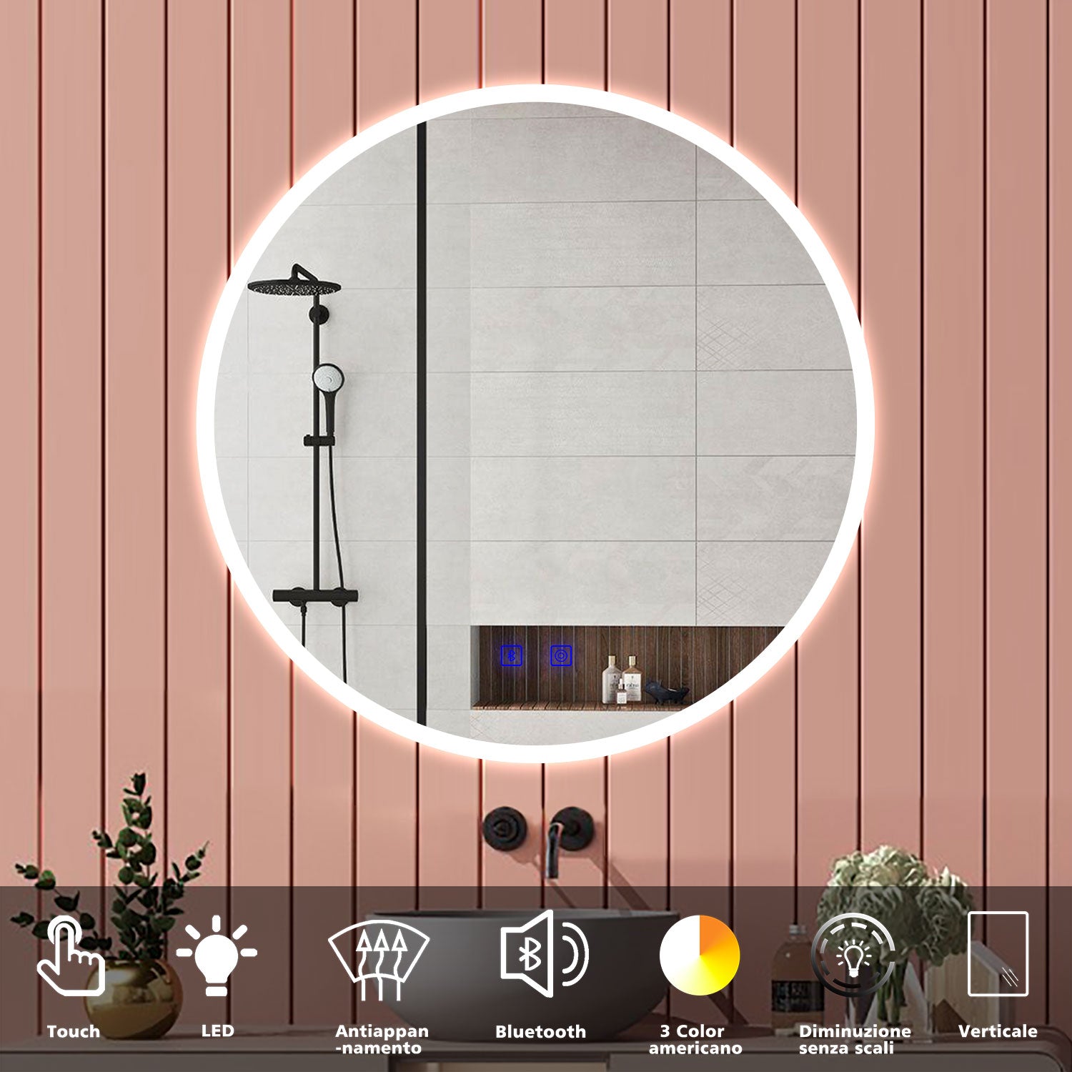 Aica Specchio Bagno Rotondo 70/80cm con LED, Tocco Intelligente, Anti-appannamento, Dimmerabile 3 Colori 3000K-6000K, Altoparlante Bluetooth, IP44 Impermeabile e Antiumidità, Certificazione CE, Retroilluminato