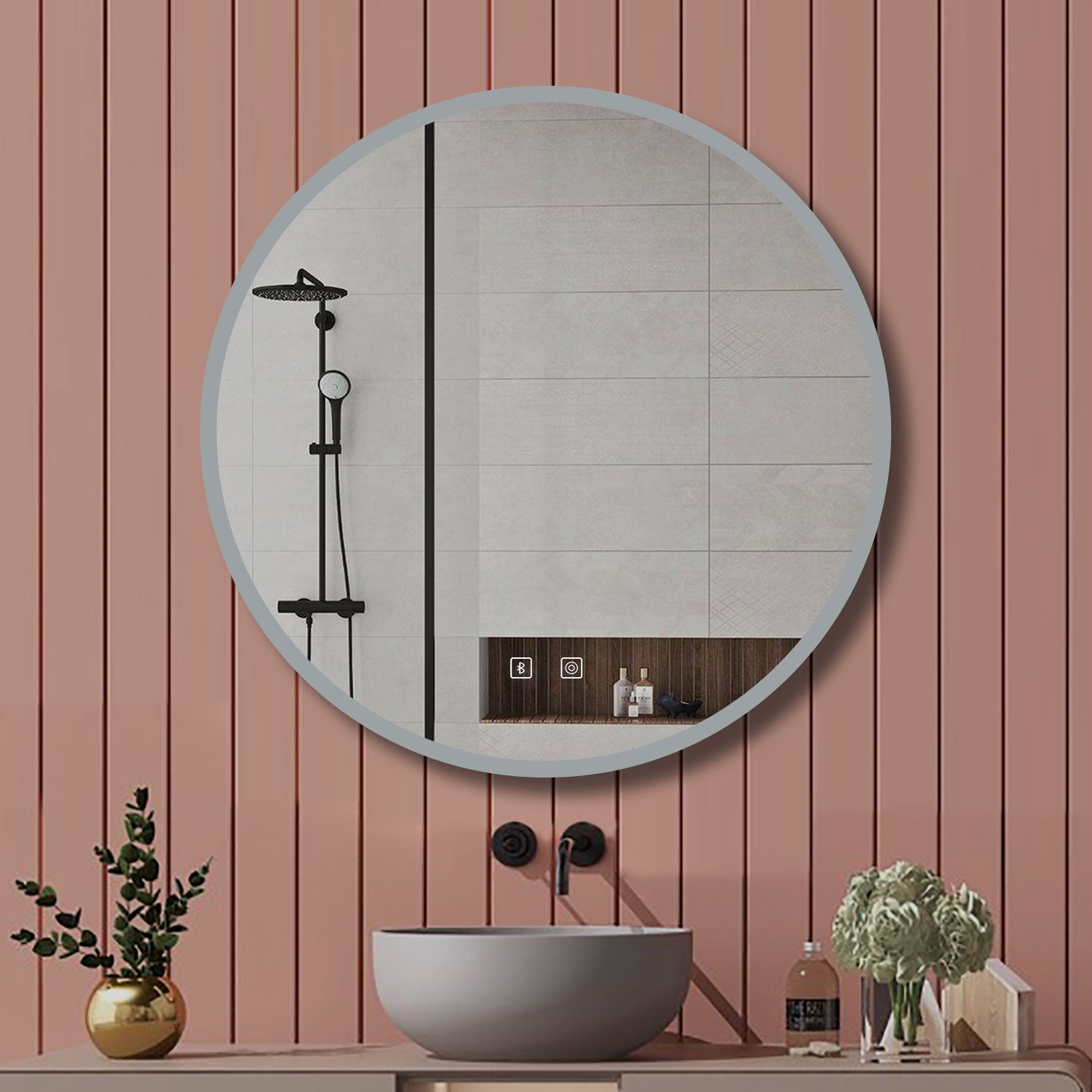 Aica Specchio Bagno Rotondo 70/80cm con LED, Tocco Intelligente, Anti-appannamento, Dimmerabile 3 Colori 3000K-6000K, Altoparlante Bluetooth, IP44 Impermeabile e Antiumidità, Certificazione CE, Retroilluminato