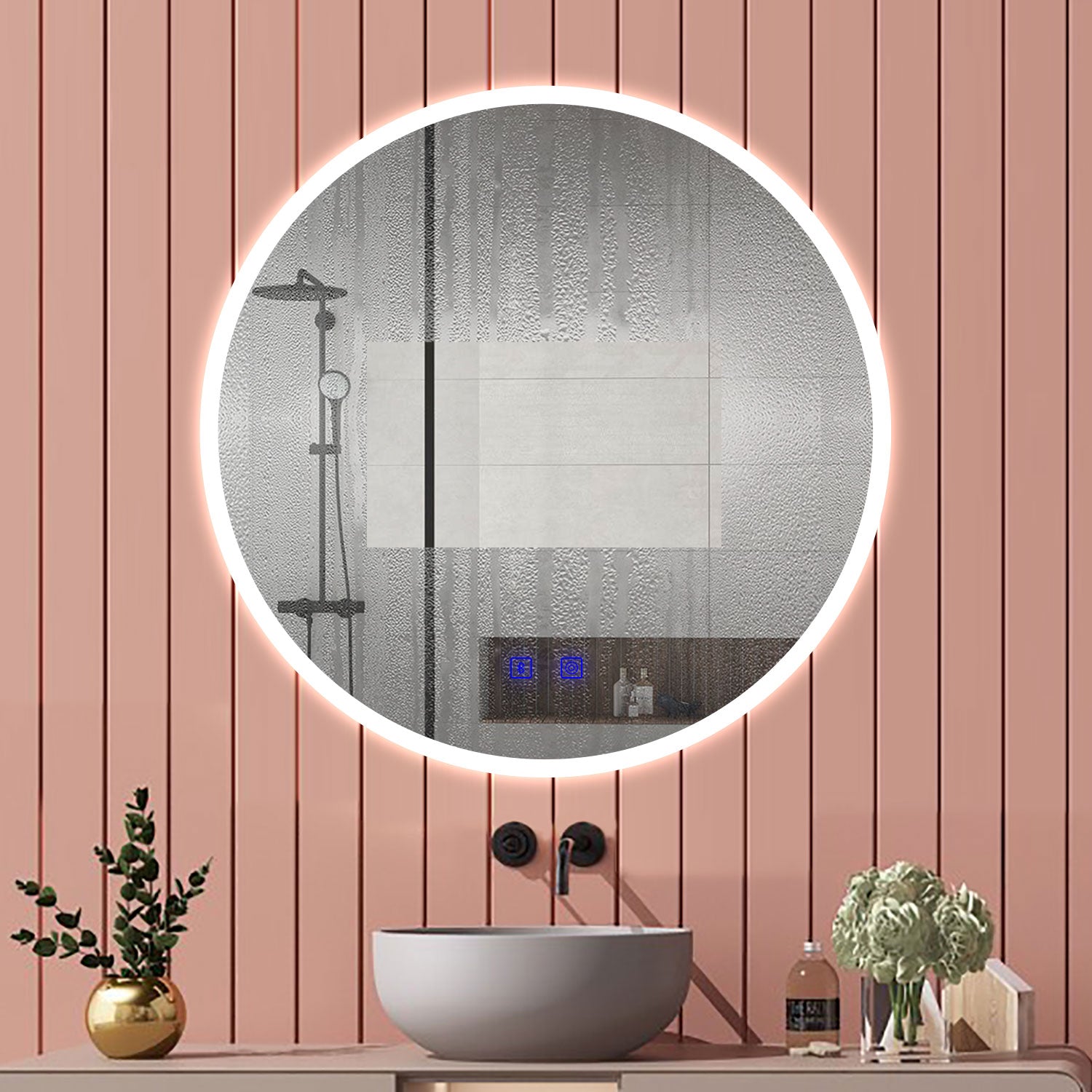 Aica Specchio Bagno Rotondo 70/80cm con LED, Tocco Intelligente, Anti-appannamento, Dimmerabile 3 Colori 3000K-6000K, Altoparlante Bluetooth, IP44 Impermeabile e Antiumidità, Certificazione CE, Retroilluminato