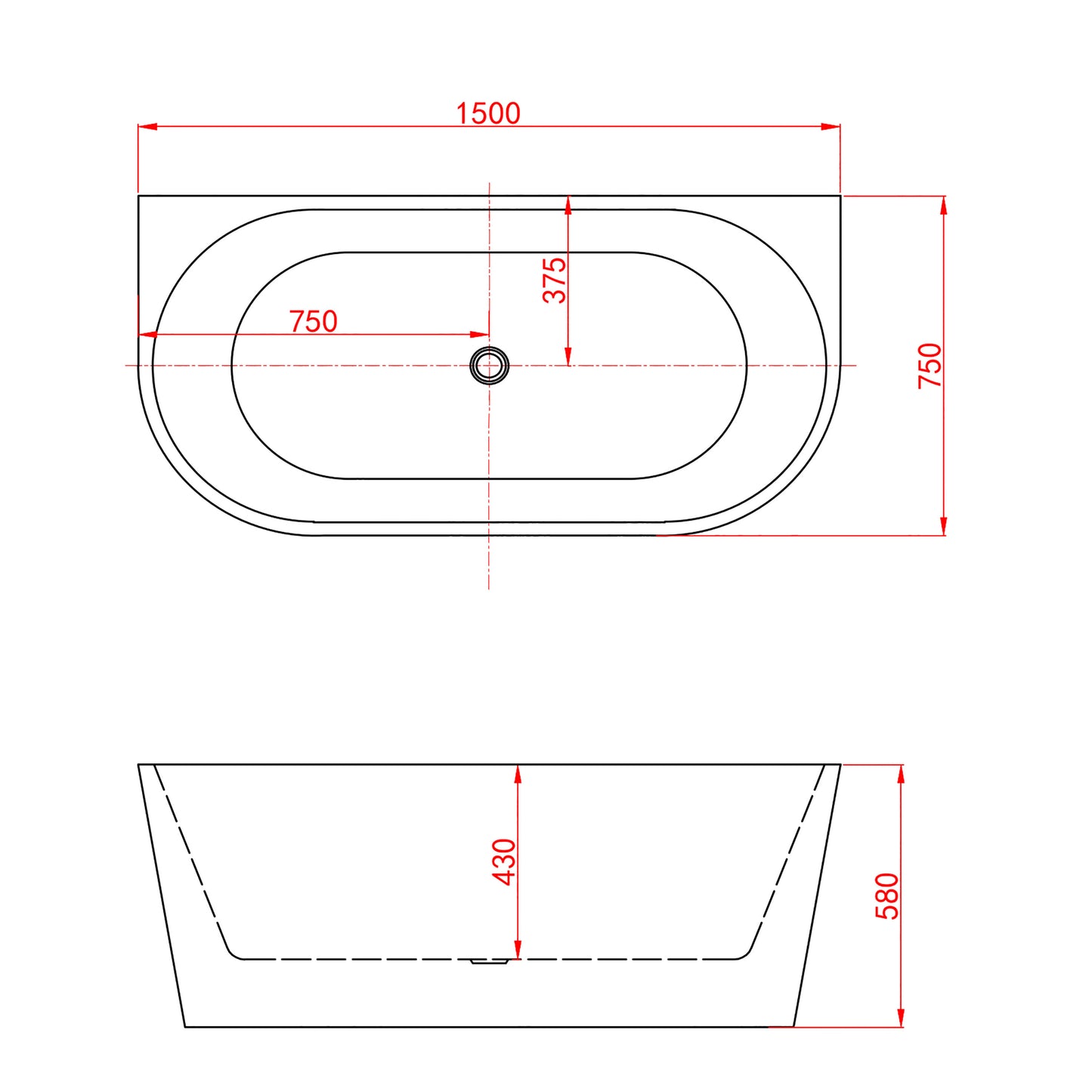 Vasca da bagno semi-freestanding ovale in acrilico bianco, dimensione 150x75x58 cm /170x80x60 cm , posizionabile a isola o a parete.