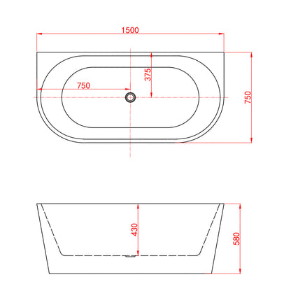 Vasca da bagno semi-freestanding ovale in acrilico bianco, dimensione 150x75x58 cm /170x80x60 cm , posizionabile a isola o a parete.