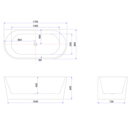 Vasca a Isola o da Parete 150x75x58 cm/170x80x60cm Vasca da Bagno Semi-Freestanding in Acrilico Bianco Ovale