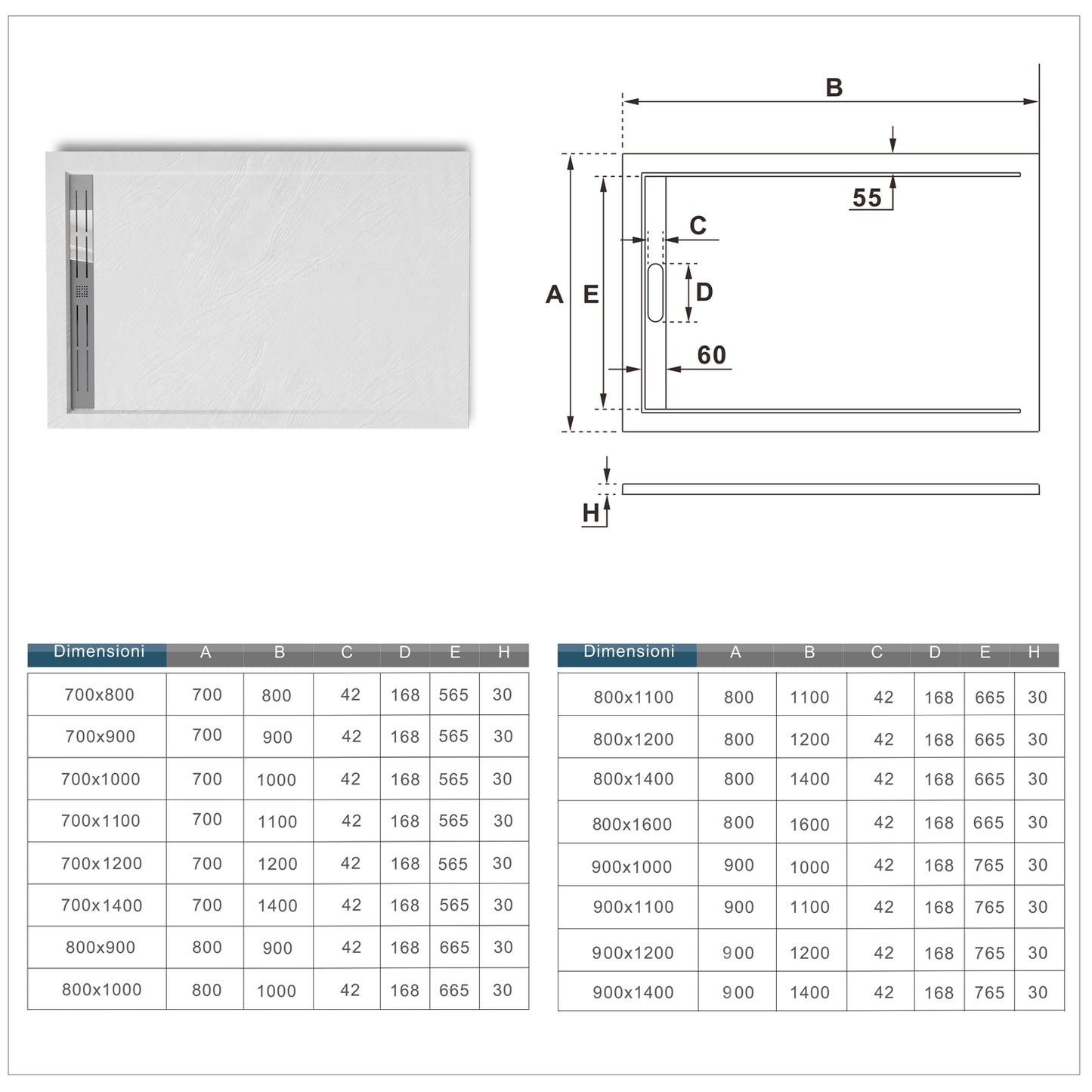 Aica Piatto Doccia Rettangolare In Pietra Vulcanica e Resina Mista Finitura Pietra Bianca Ruvida Ultraslim 3 cm Antiscivolo Antibatterico