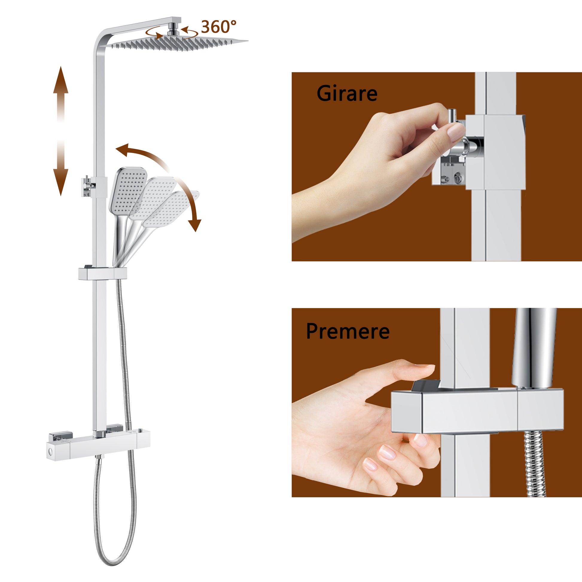 AICA Colonna Doccia Quadrato con Miscelatore Termostatico per Doccia, Doccia Soffione Colonna e Soffione Doccia, Cromato