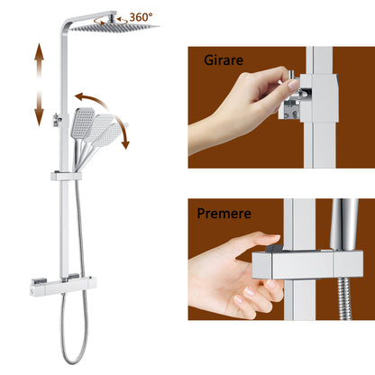 AICA Colonna Doccia Quadrato con Miscelatore Termostatico per Doccia, Doccia Soffione Colonna e Soffione Doccia, Cromato